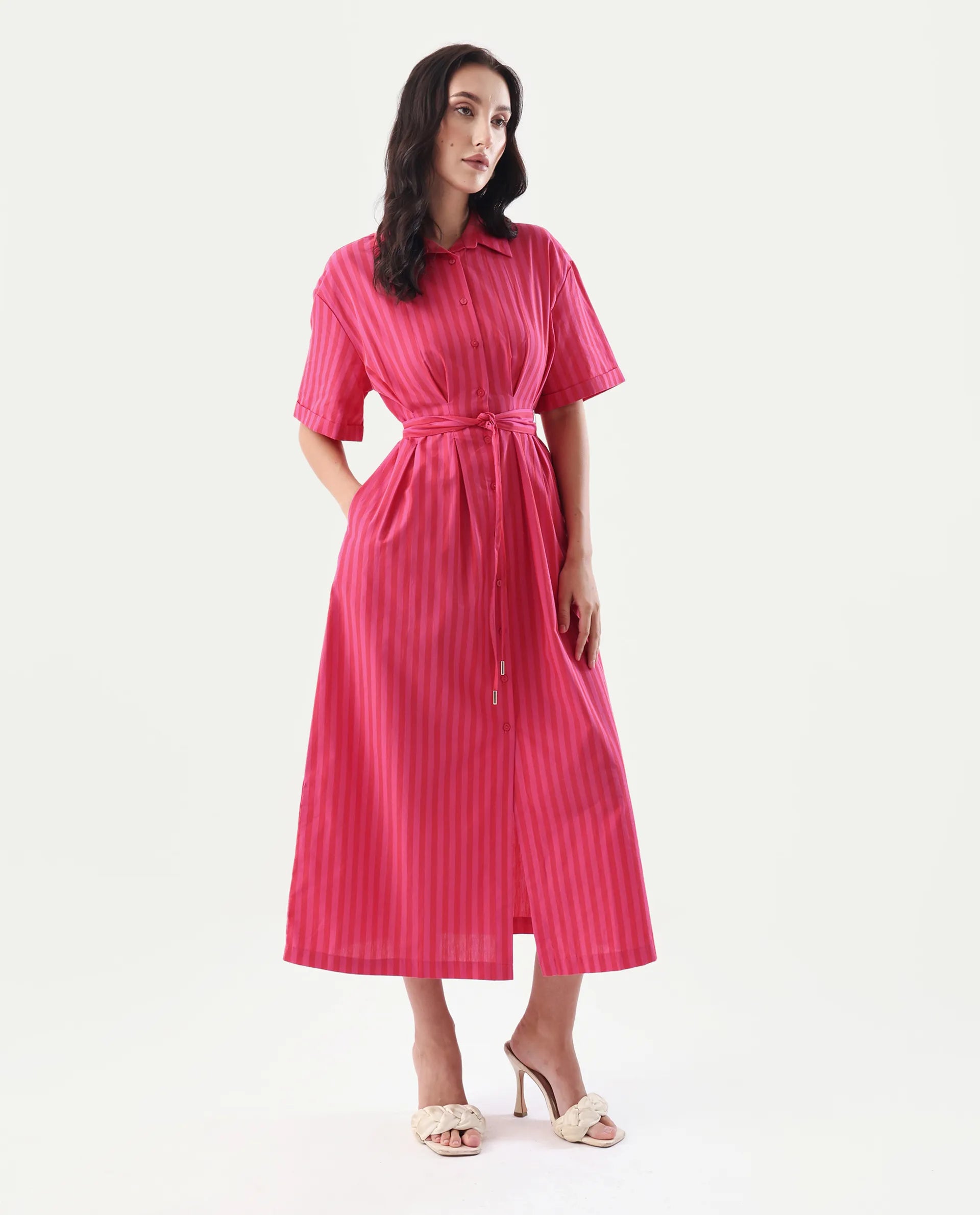 Rareism Women's Eparis Pink Cotton Blend Collared Striped Midi Regular Fit Dress