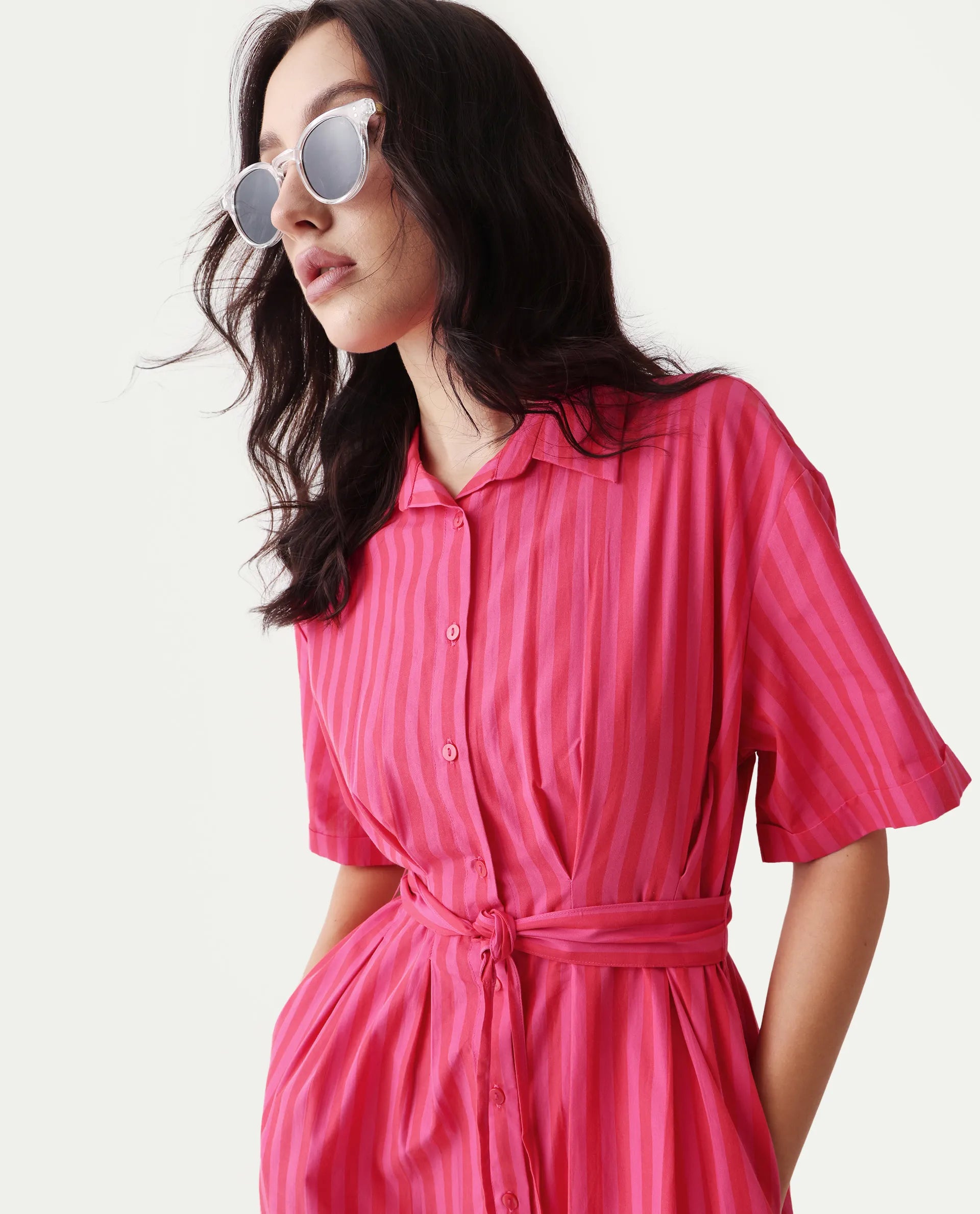 Rareism Women's Eparis Pink Cotton Blend Collared Striped Midi Regular Fit Dress