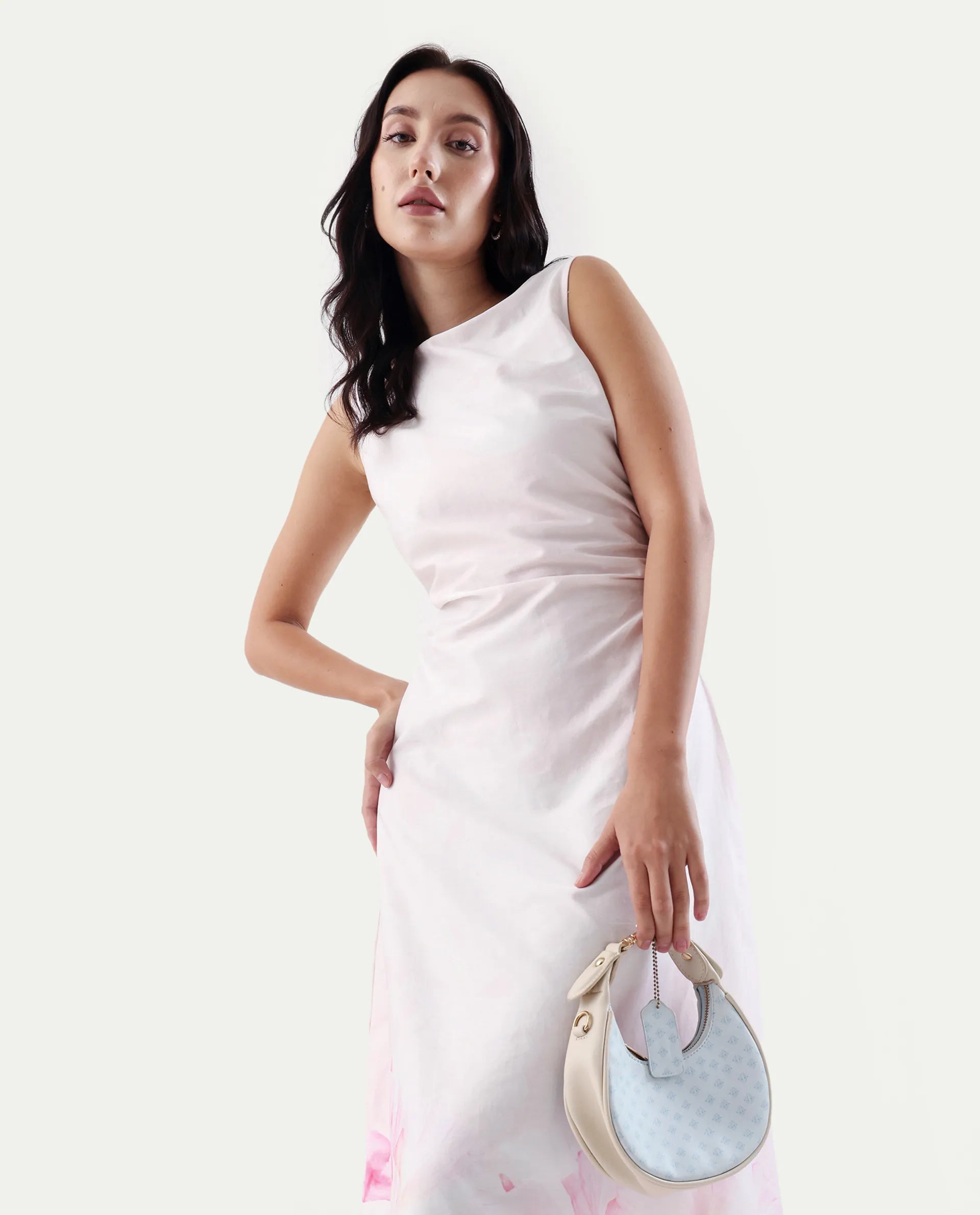 Rareism Women's Epata Off White Cotton Boat Neck Printed Sleeveless Midi Regular Fit Dress