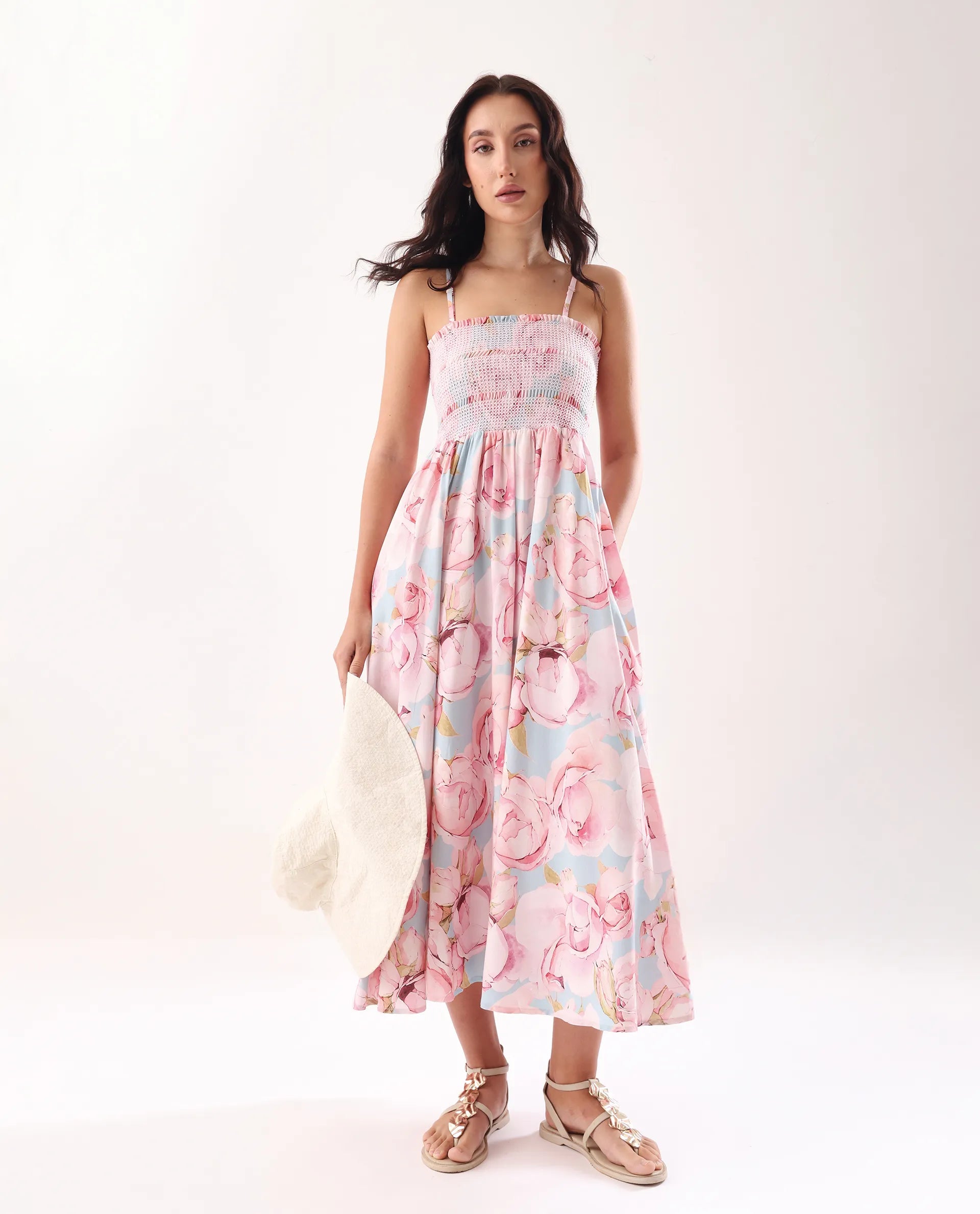 Rareism Women's Epico Multi Viscose Tube Neck Printed Sleeveless Midi Fit And Flare Dress