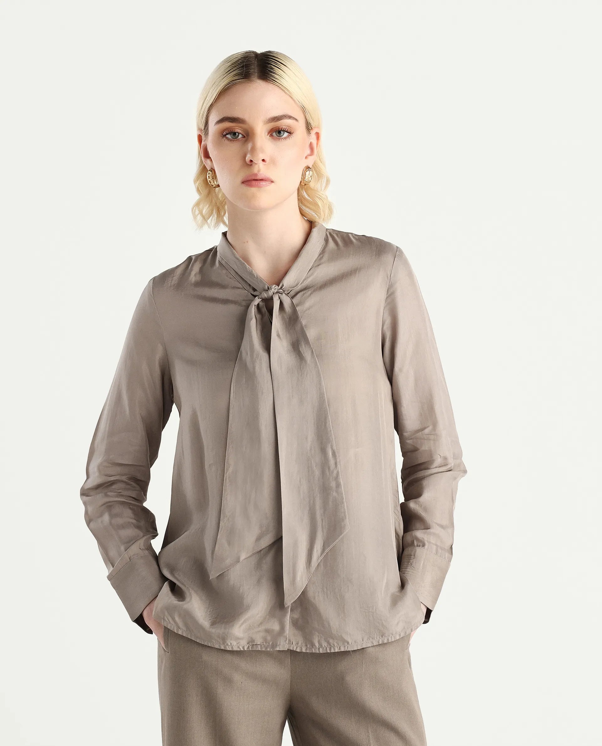 Rareism Women's Epoam Grey Polyester Plain Cuffed Sleeve Regular Fit Shirt