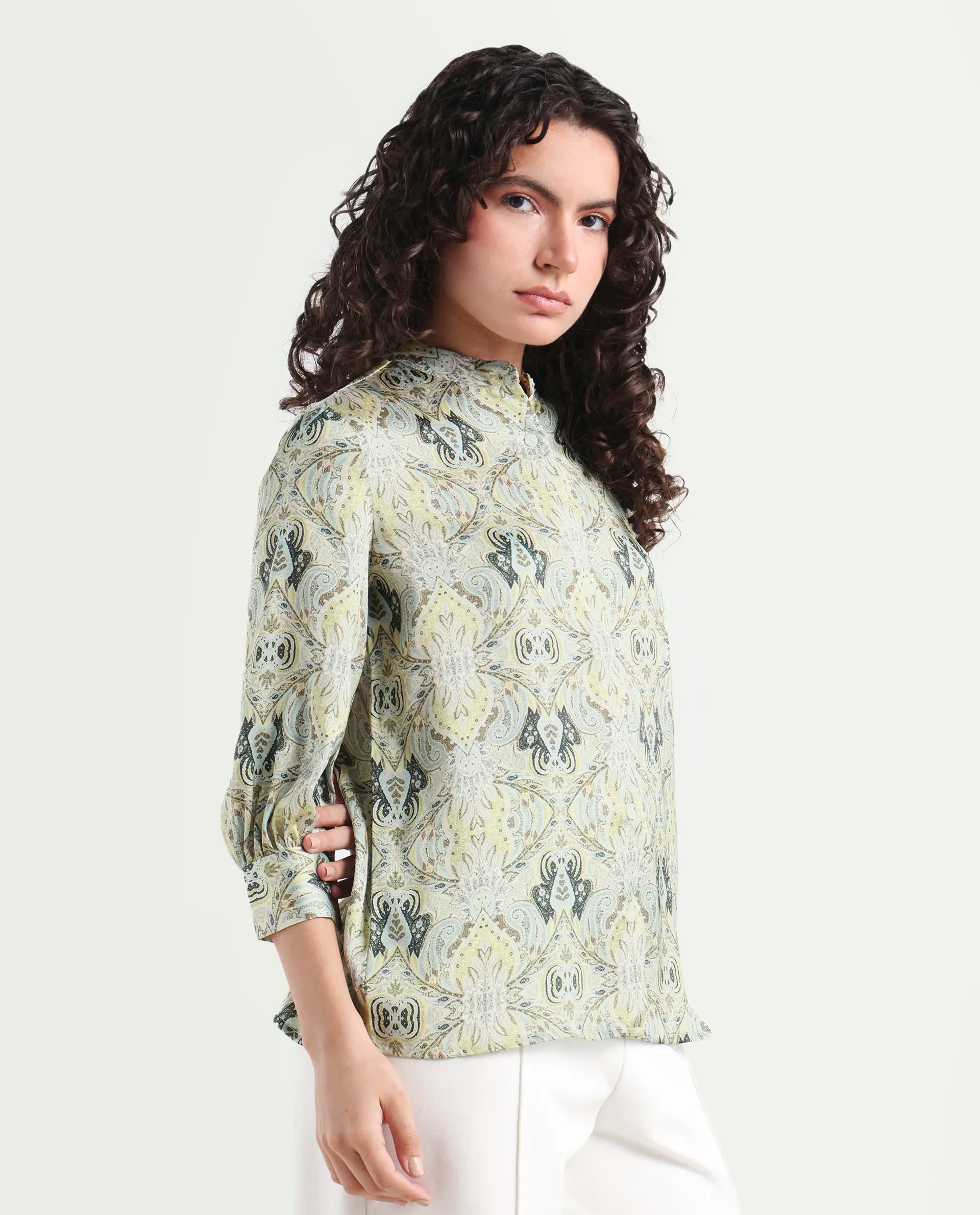 Rareism Women's Epsea Multi Cotton Paisley Print Cuffed Sleeve Regular Fit Top