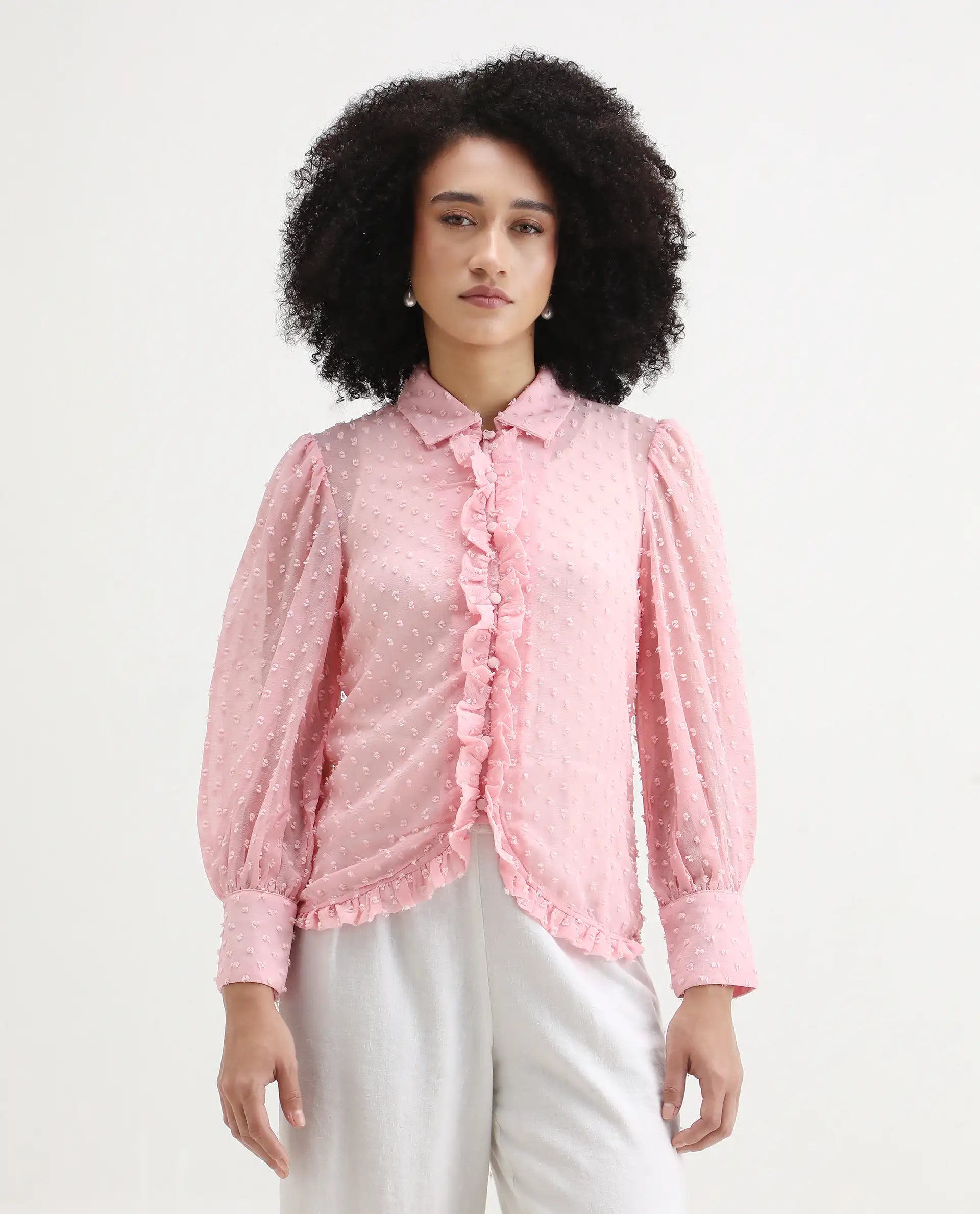 Rareism Women's Erat Pink Polyester Spread Collar Plain Bishop Sleeve Regular Fit Top