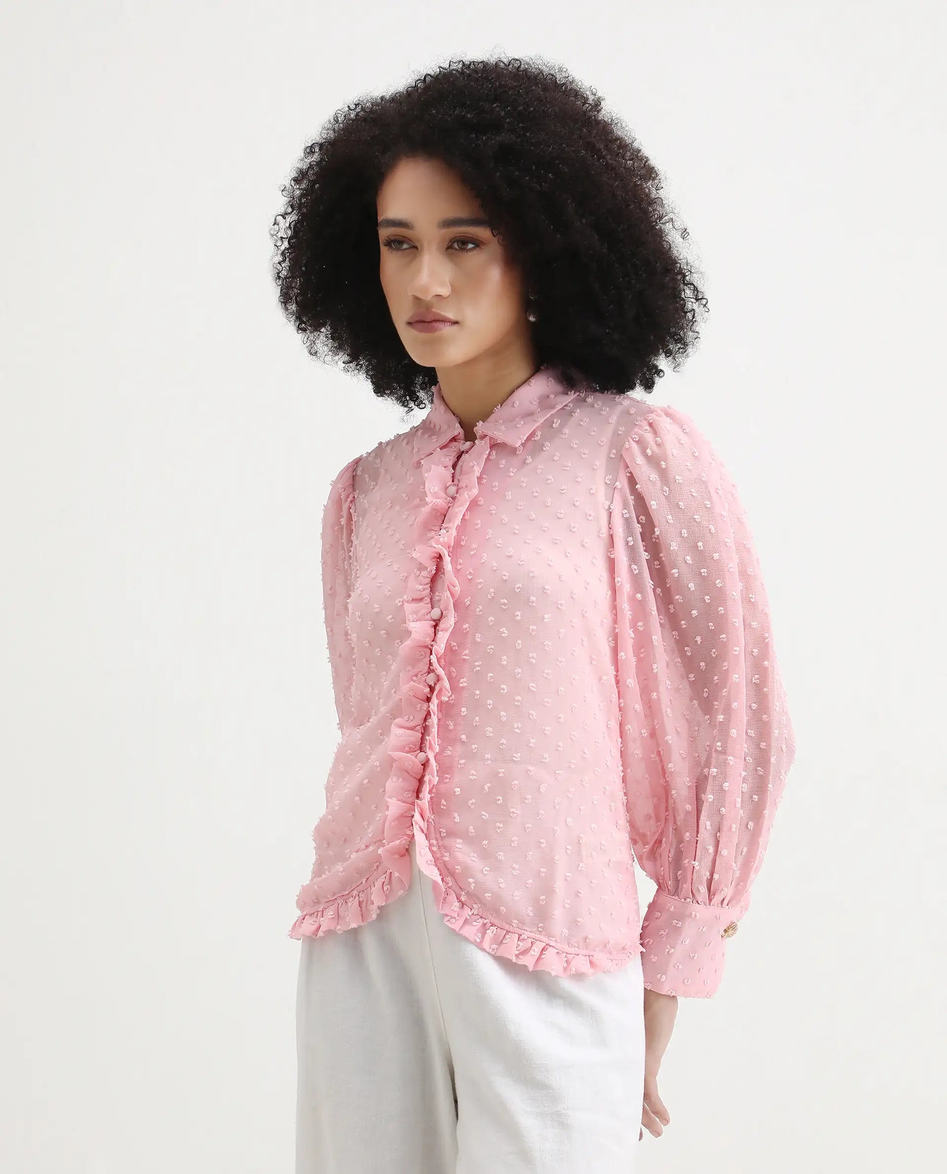 Rareism Women's Erat Pink Polyester Spread Collar Plain Bishop Sleeve Regular Fit Top