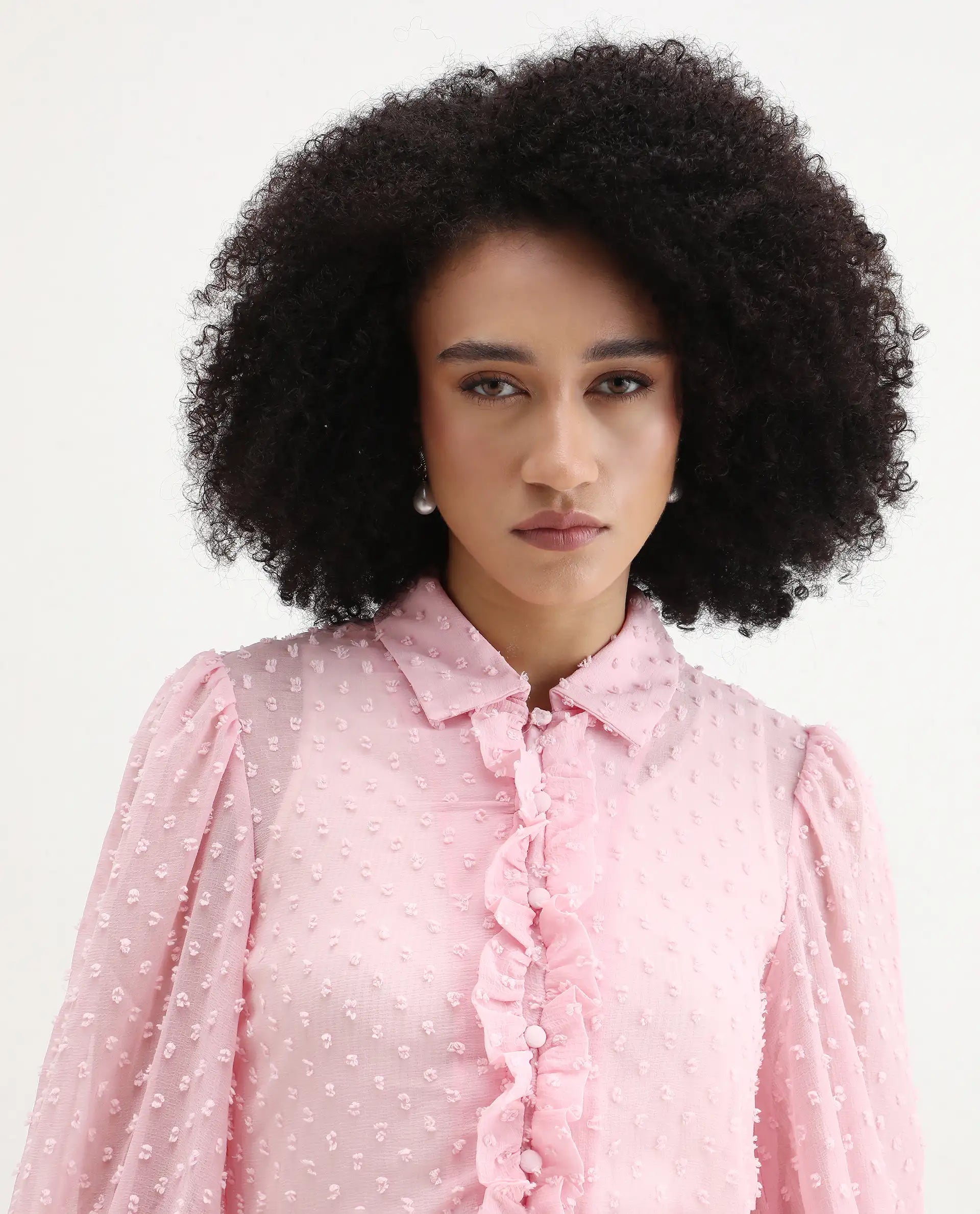 Rareism Women's Erat Pink Polyester Spread Collar Plain Bishop Sleeve Regular Fit Top