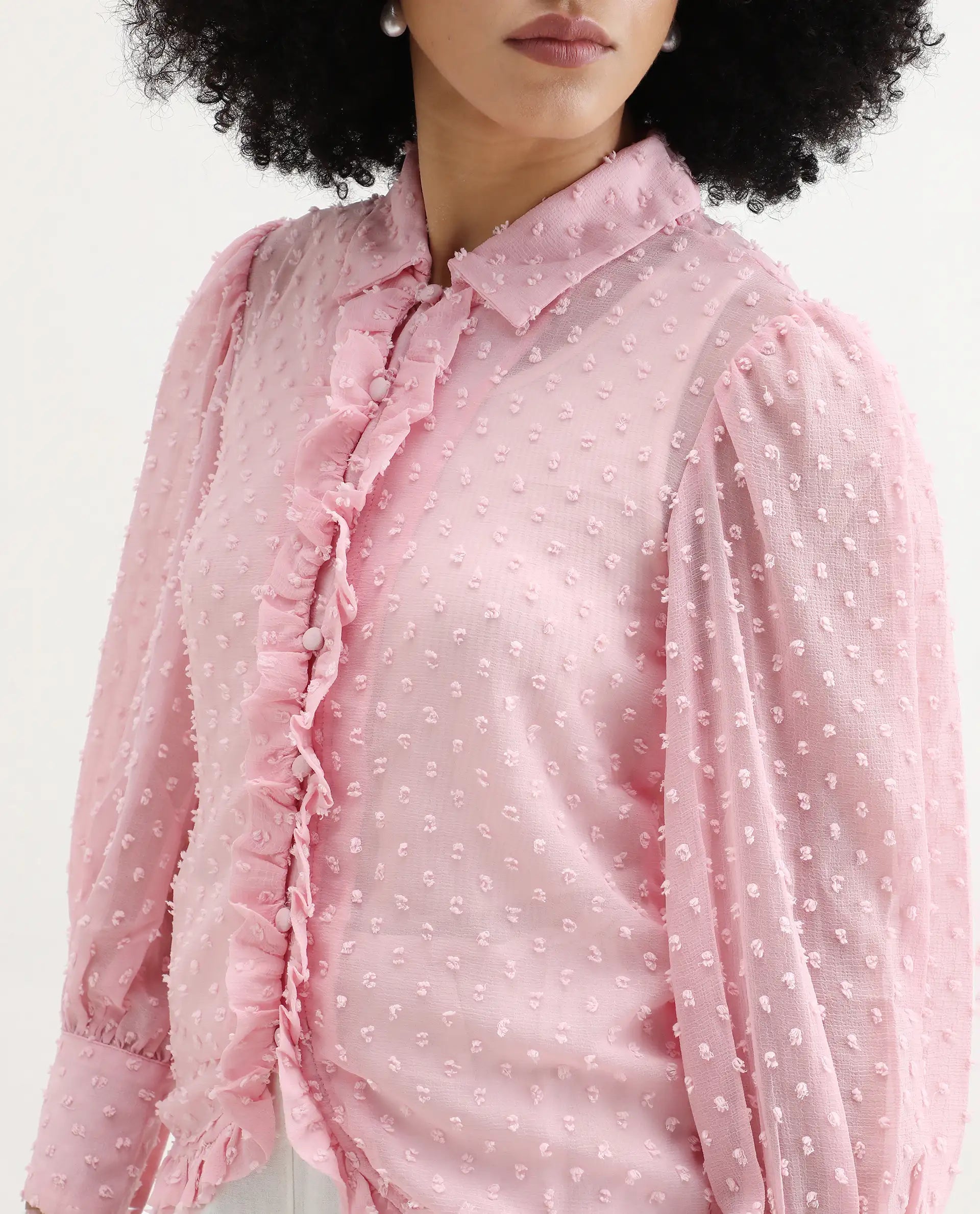 Rareism Women's Erat Pink Polyester Spread Collar Plain Bishop Sleeve Regular Fit Top