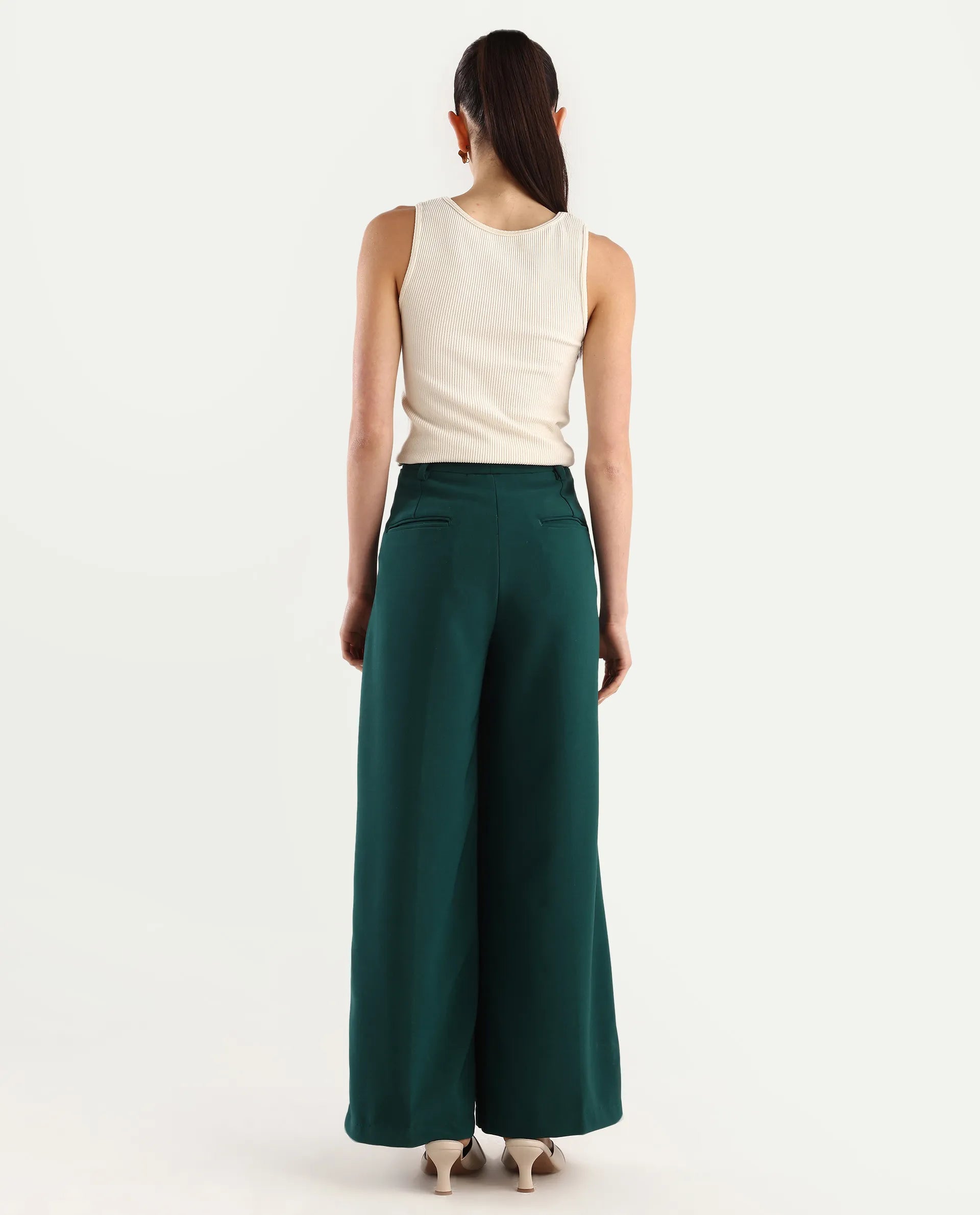 Rareism Women's Erica Green Polyester Blend Plain Ankle Length Wide Trouser