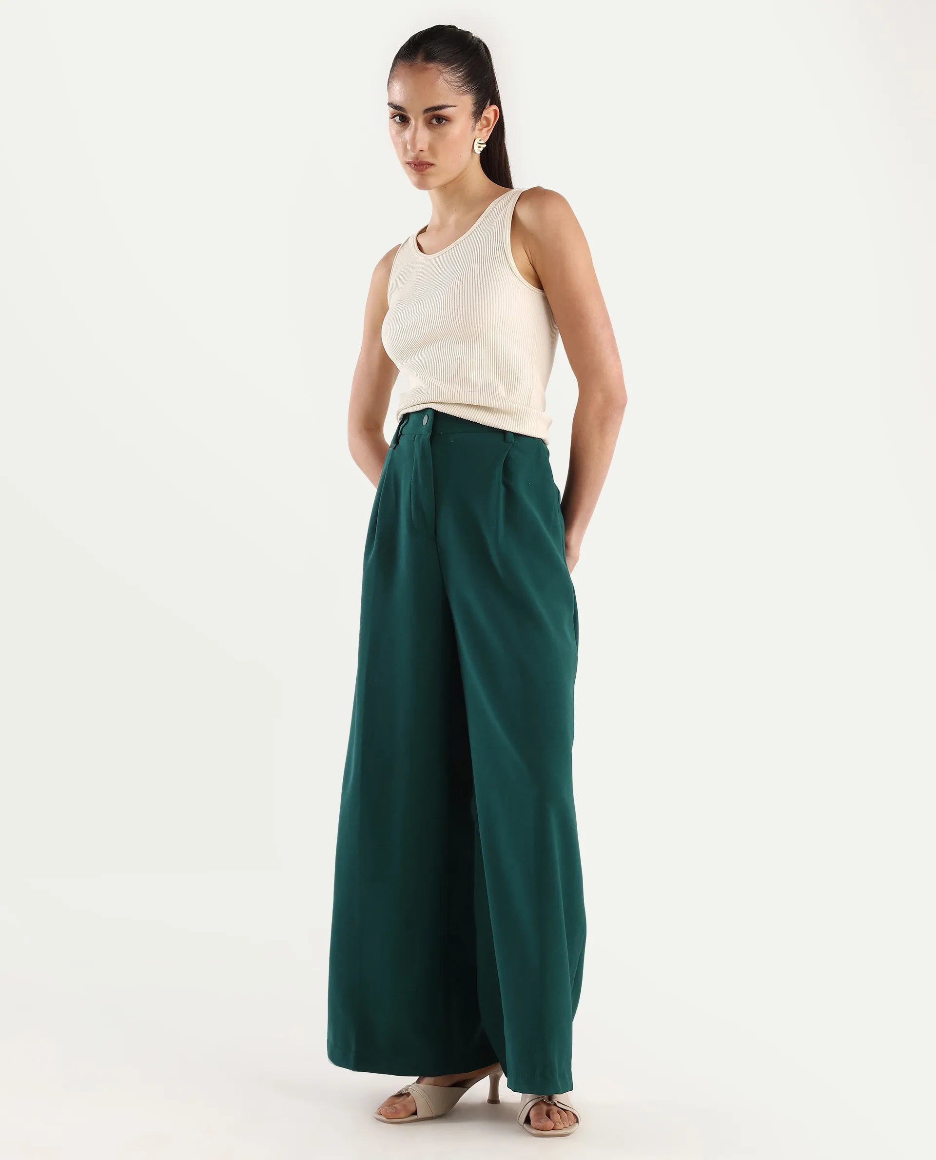 Rareism Women's Erica Green Polyester Blend Plain Ankle Length Wide Trouser