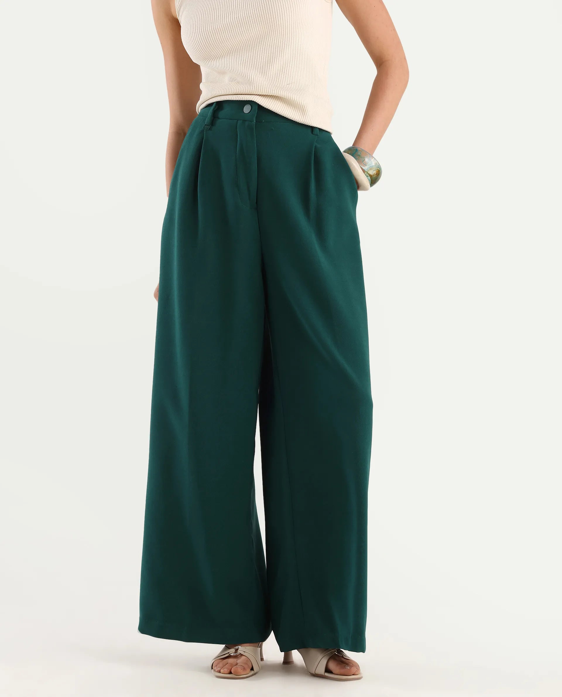 Rareism Women's Erica Green Polyester Blend Plain Ankle Length Wide Trouser