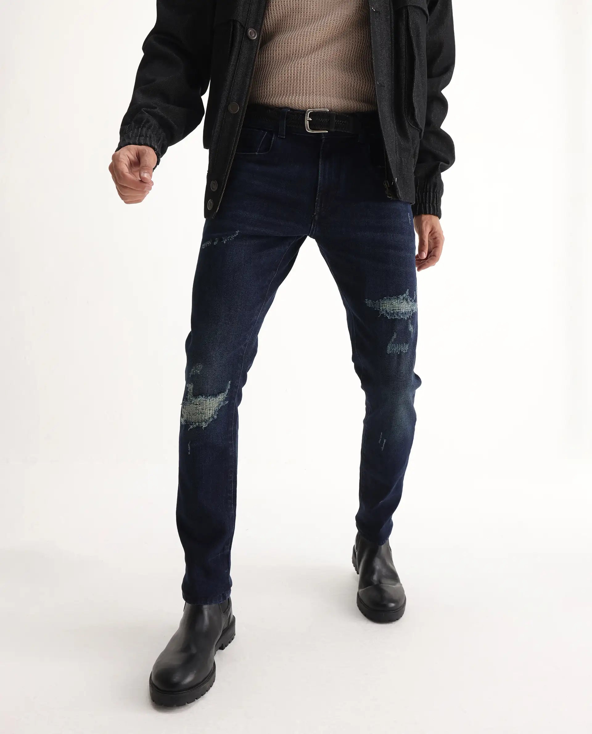 Rare Rabbit Men's Erie Dusky Blue Cotton Blend Plain Hawk Slim Fit Jeans