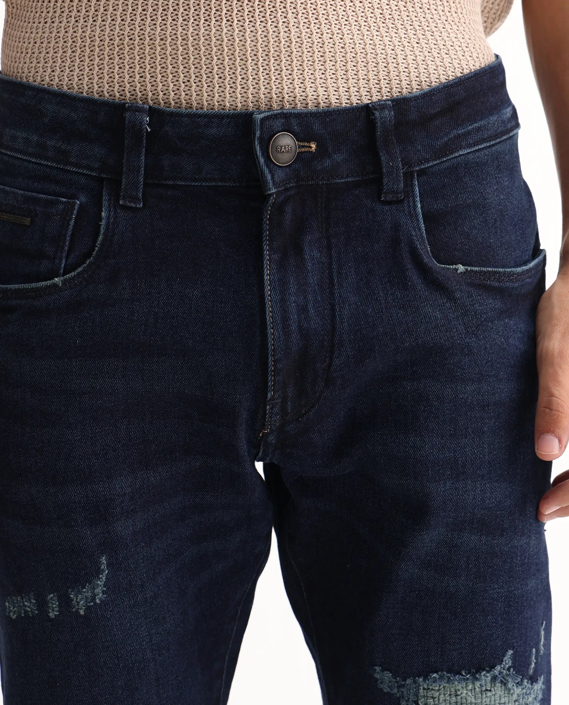 Rare Rabbit Men's Erie Dusky Blue Cotton Blend Plain Hawk Slim Fit Jeans