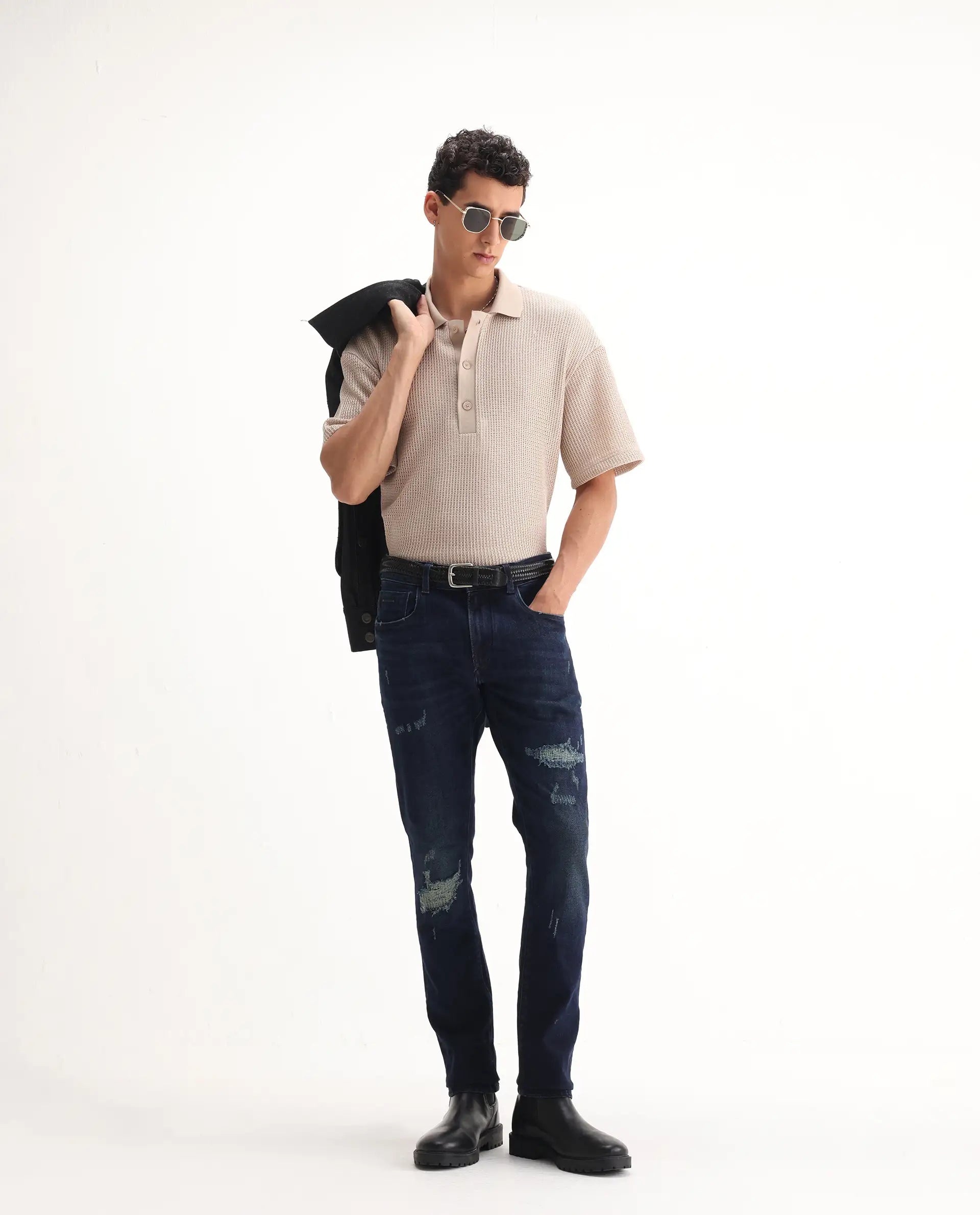 Rare Rabbit Men's Erie Dusky Blue Cotton Blend Plain Hawk Slim Fit Jeans