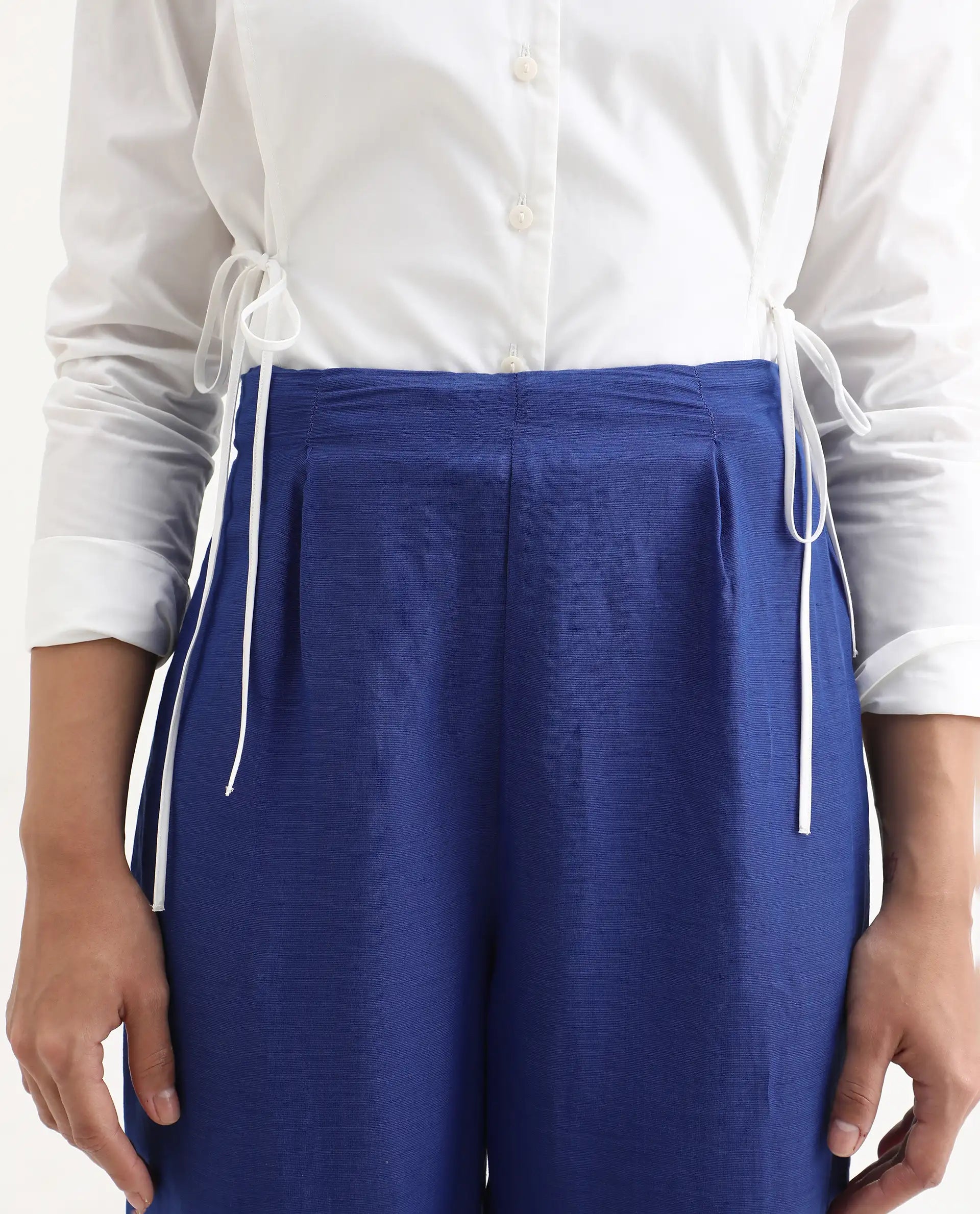 Rareism Women's Erin Blue Cotton Linen Plain Ankle Length Tailored Trouser