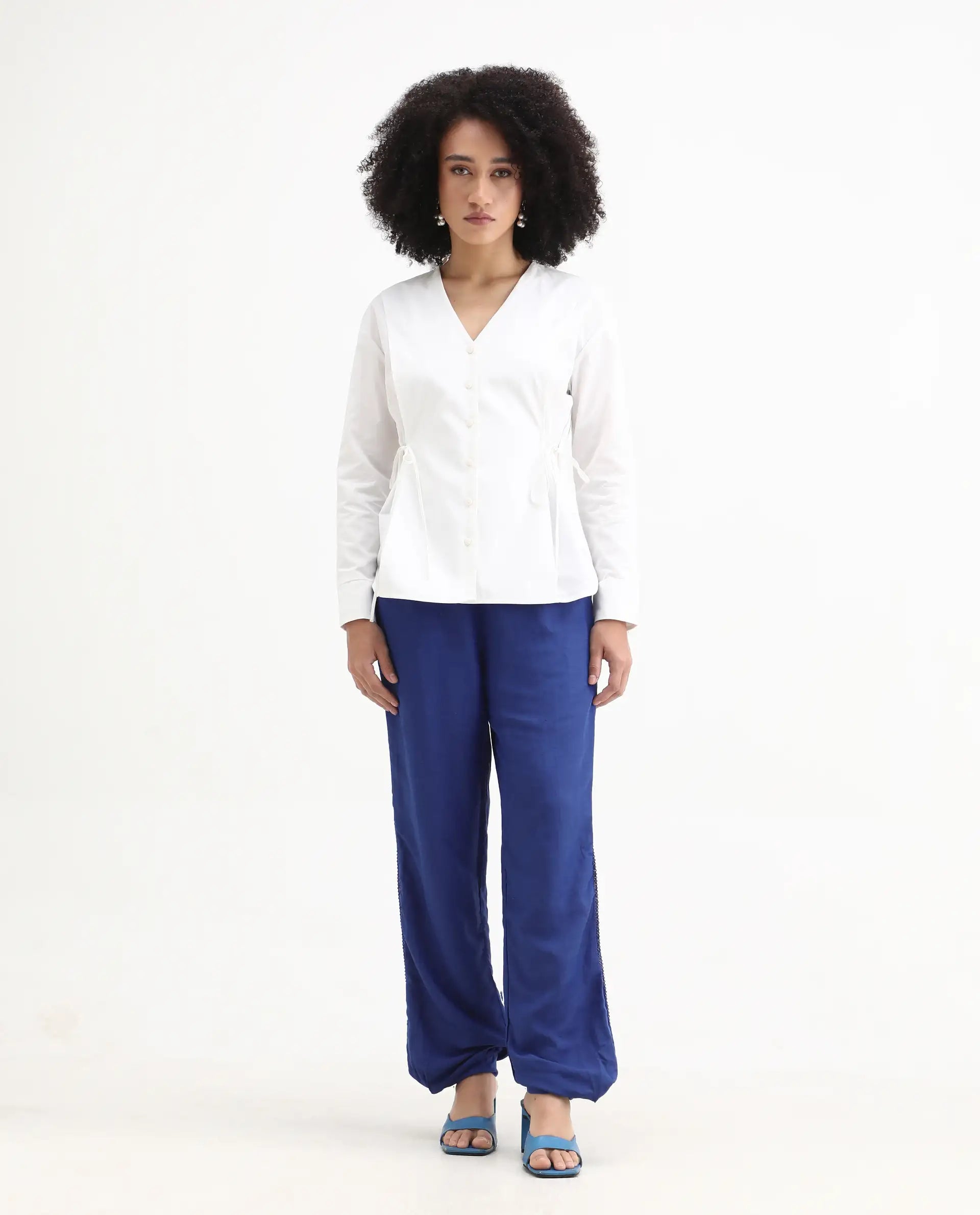 Rareism Women's Erin Blue Cotton Linen Plain Ankle Length Tailored Trouser