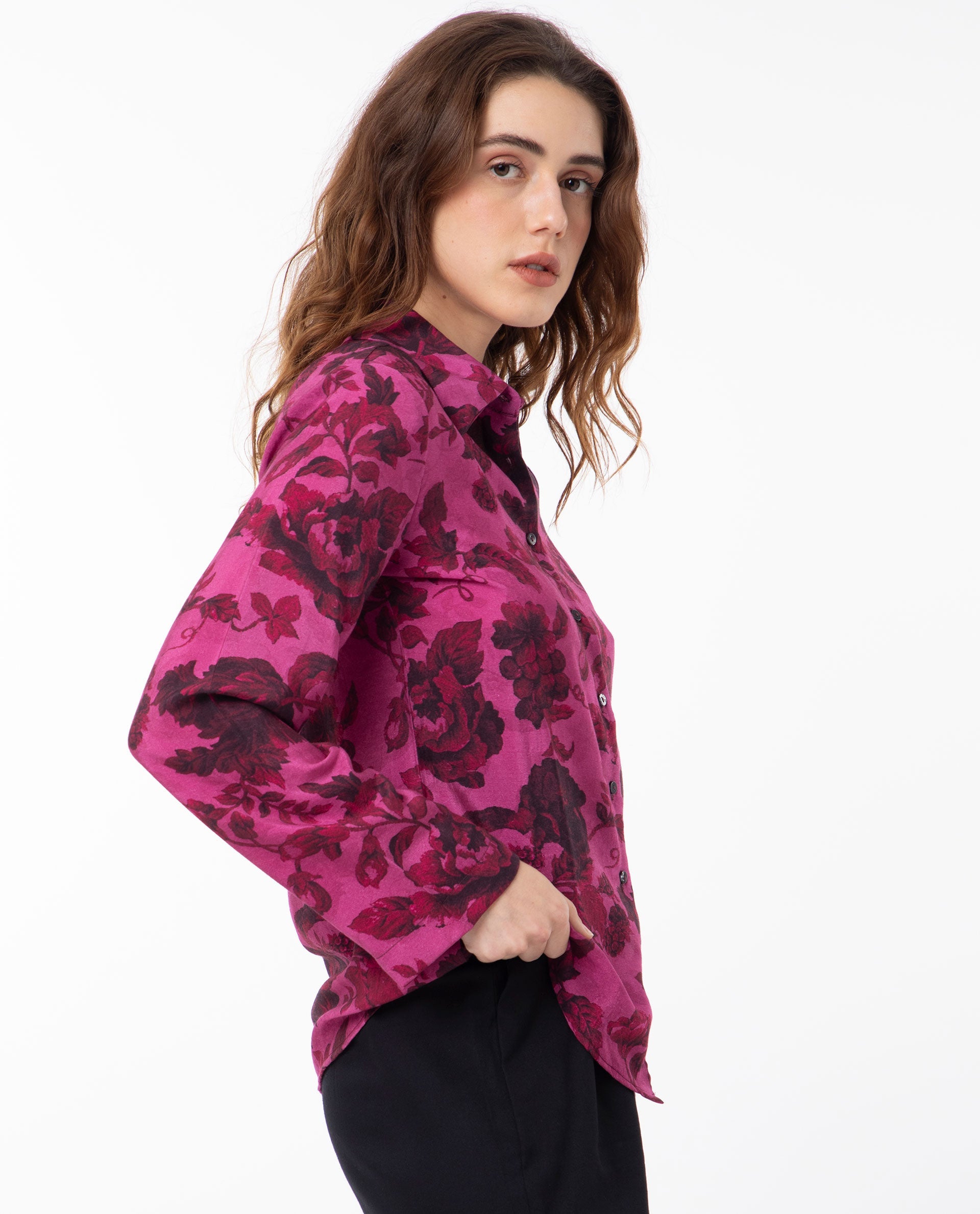 Rareism Women Esent Maroon Polyester Fabric Full Sleeves Button Closure Shirt Collar Relaxed Fit Floral Print Top