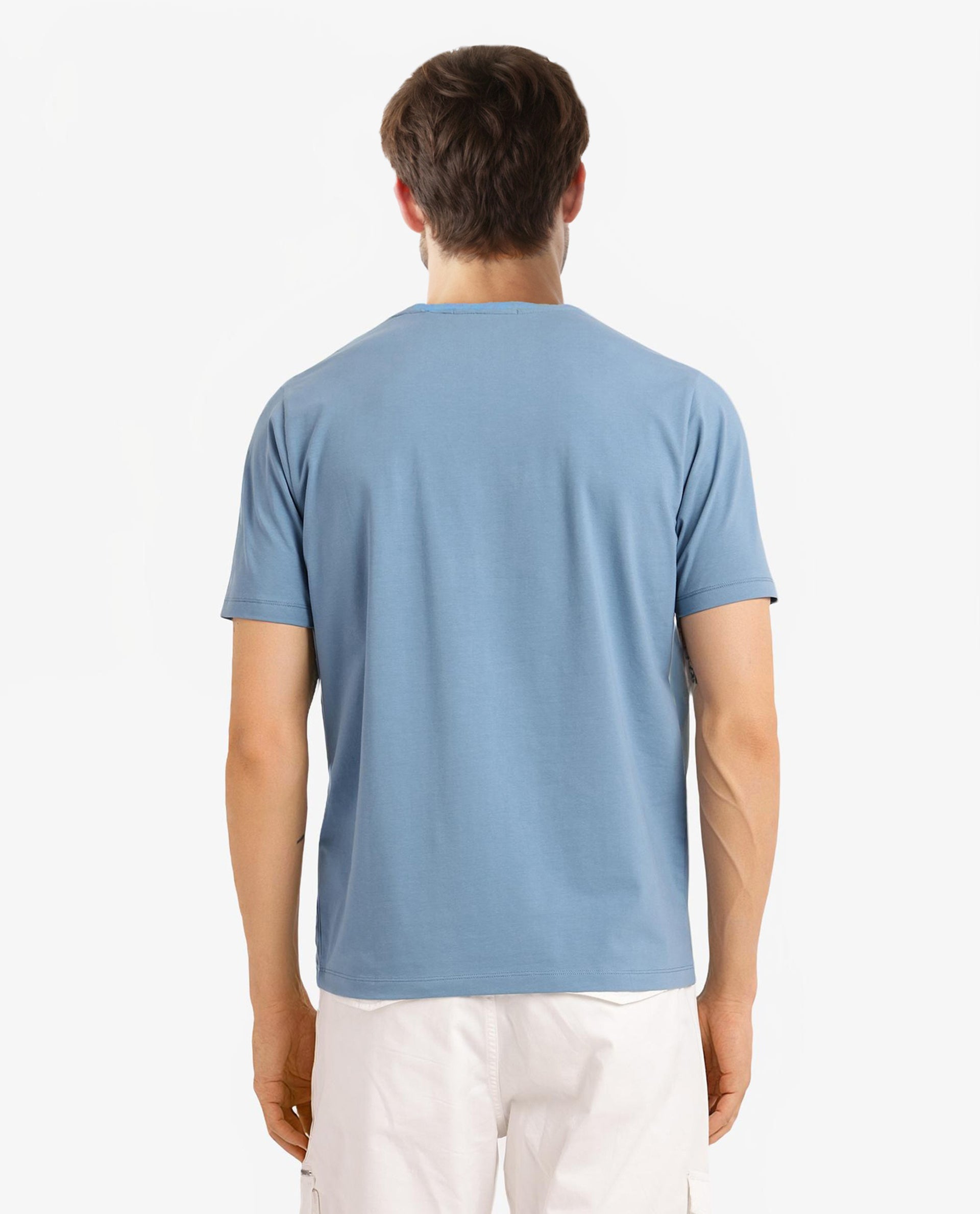 Rare Rabbit Men Esse Blue Cotton Lycra Fabric Short Sleeve Crew Neck Regular Fit Graphic Flock Logo Print T-Shirt