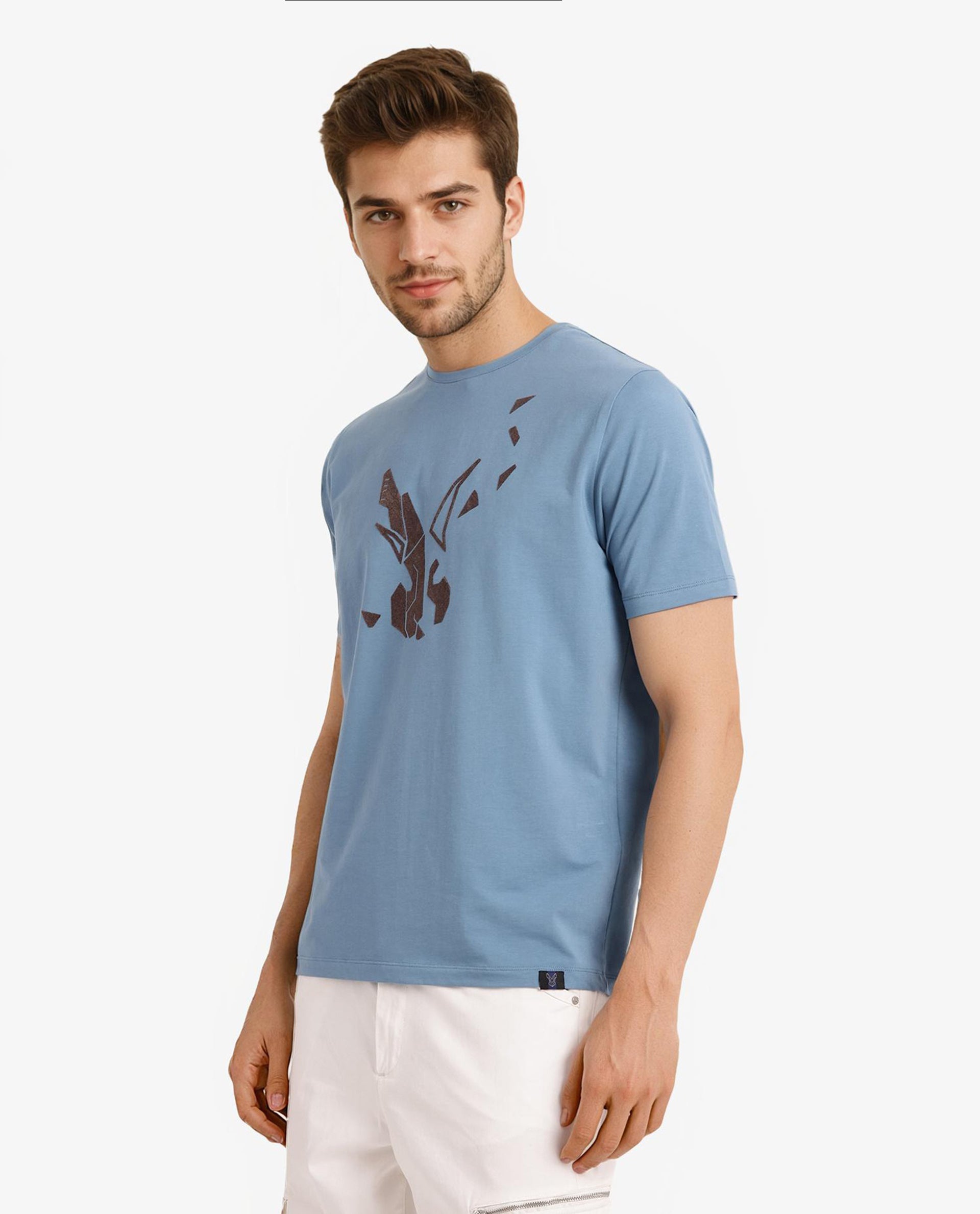 Rare Rabbit Men Esse Blue Cotton Lycra Fabric Short Sleeve Crew Neck Regular Fit Graphic Flock Logo Print T-Shirt