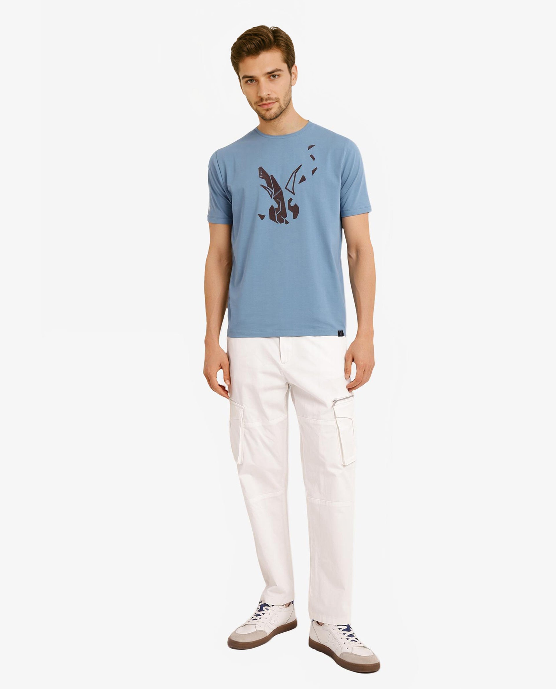 Rare Rabbit Men Esse Blue Cotton Lycra Fabric Short Sleeve Crew Neck Regular Fit Graphic Flock Logo Print T-Shirt