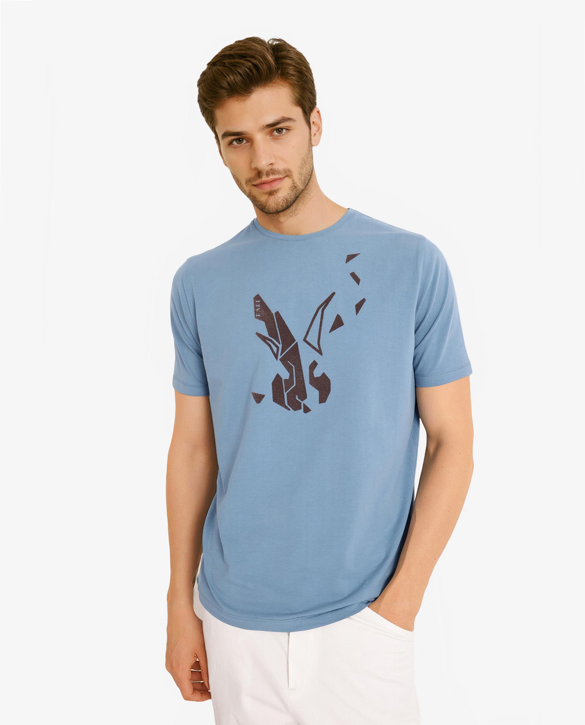 Rare Rabbit Men Esse Blue Cotton Lycra Fabric Short Sleeve Crew Neck Regular Fit Graphic Flock Logo Print T-Shirt
