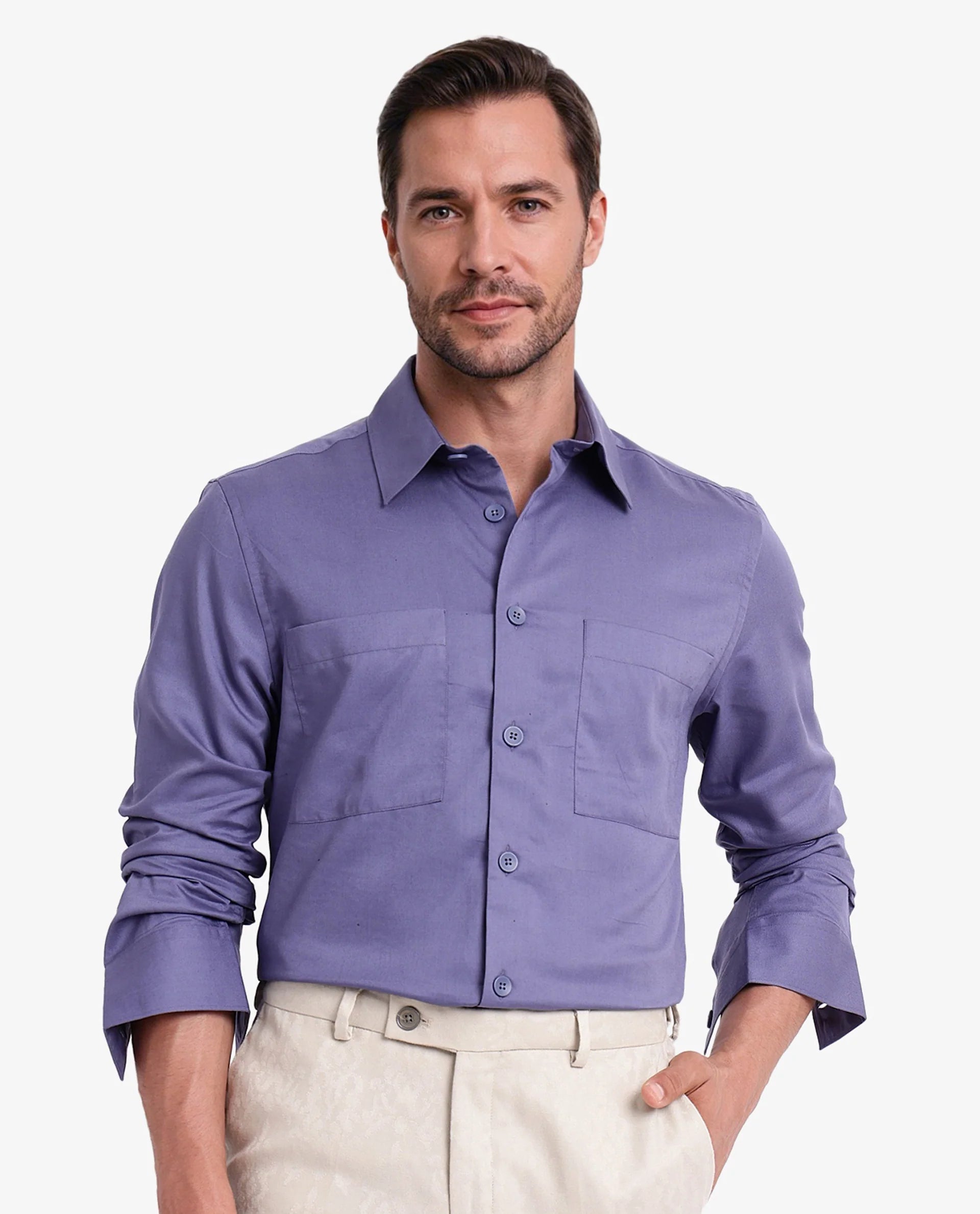 Rare Rabbit Men Esso Dusky Blue Full Sleeve Button Closure Boxy Fit Plain Twill Shirt