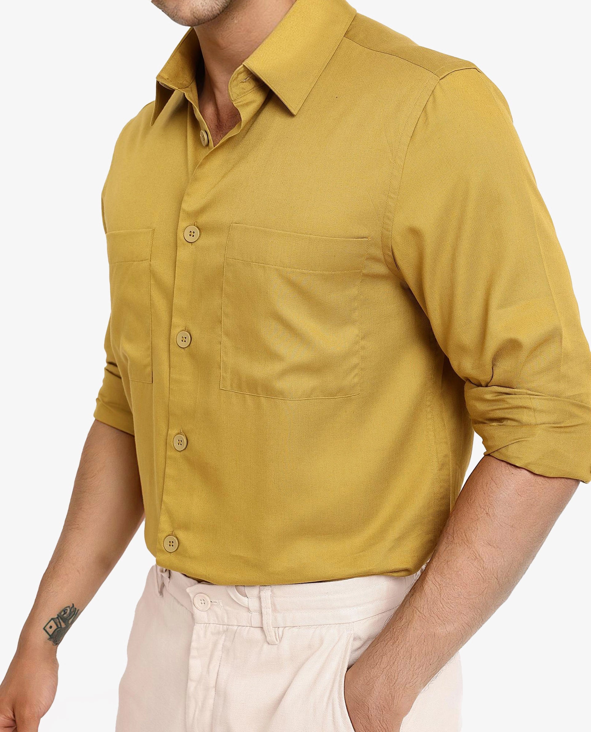 Rare Rabbit Men Esso Flouroscent Green Full Sleeve Button Closure Boxy Fit Plain Twill Shirt