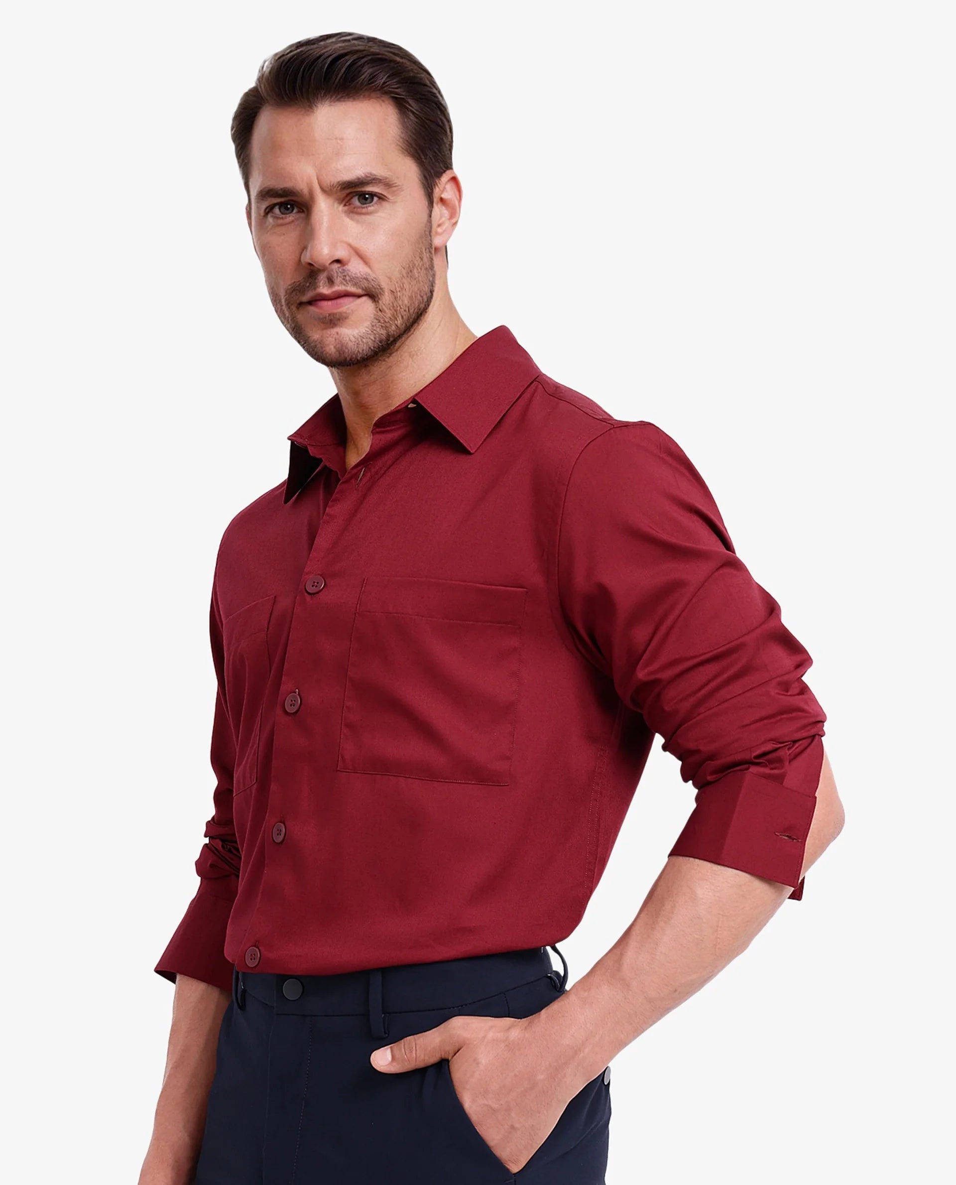 Rare Rabbit Men Esso Maroon Full Sleeve Collared Neck Button Closure Regular Fit Plain Shirt