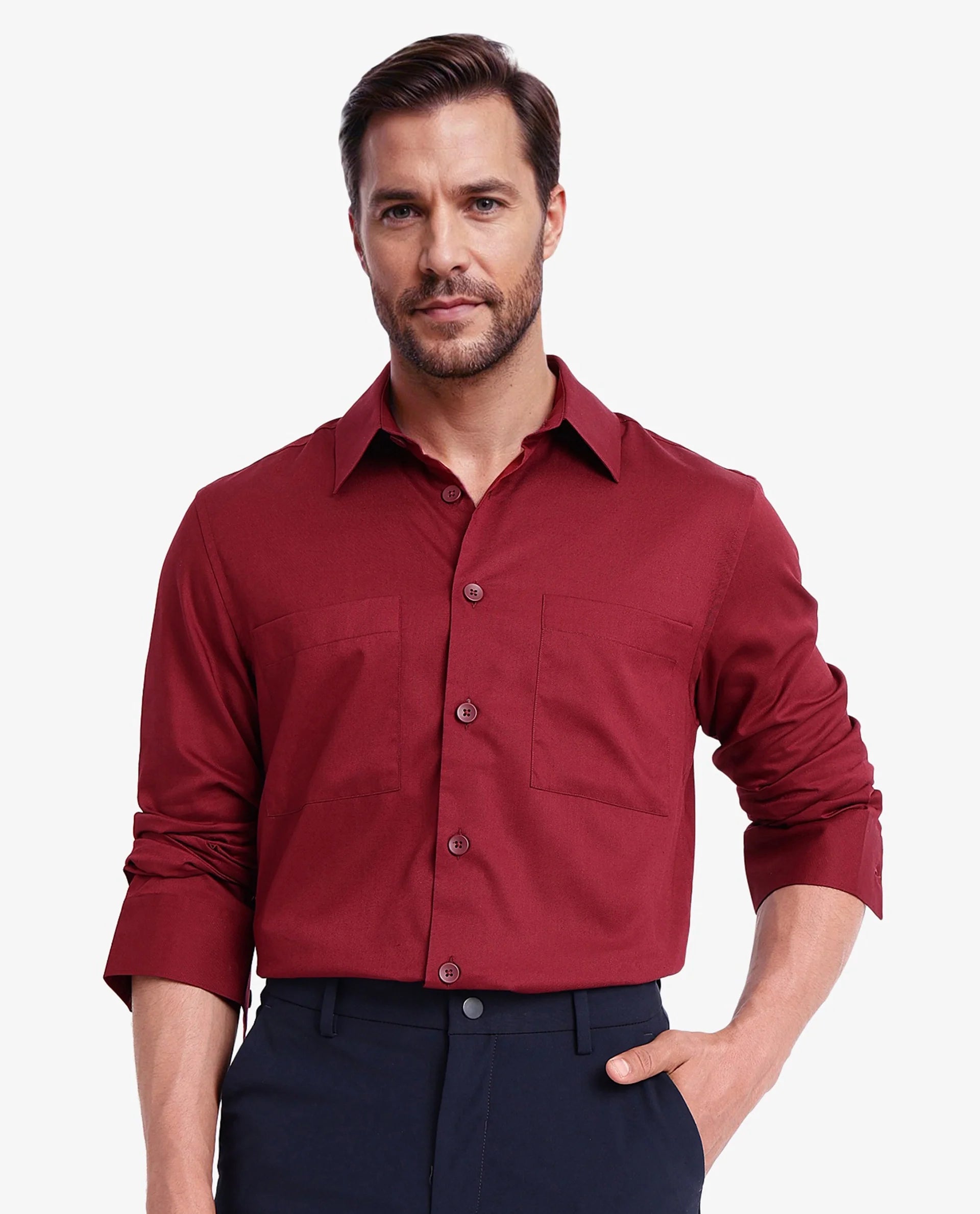 Rare Rabbit Men Esso Maroon Full Sleeve Collared Neck Button Closure Regular Fit Plain Shirt