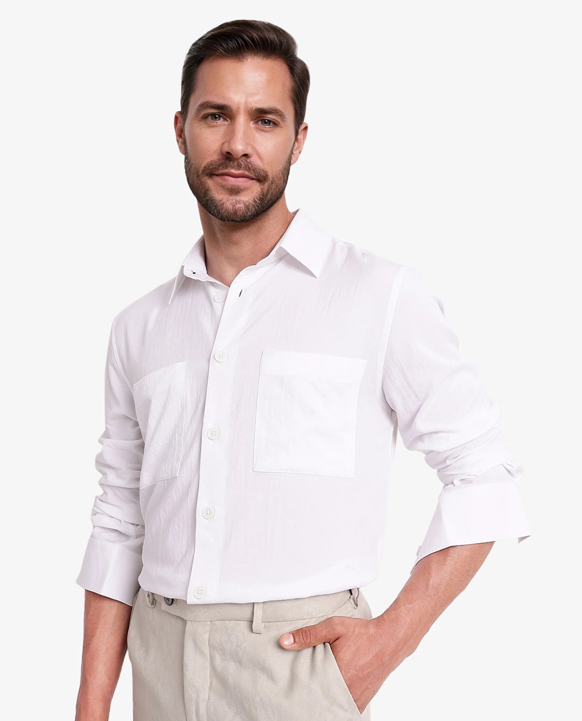 Rare Rabbit Men Esso White Full Sleeve Button Closure Boxy Fit Plain Twill Shirt