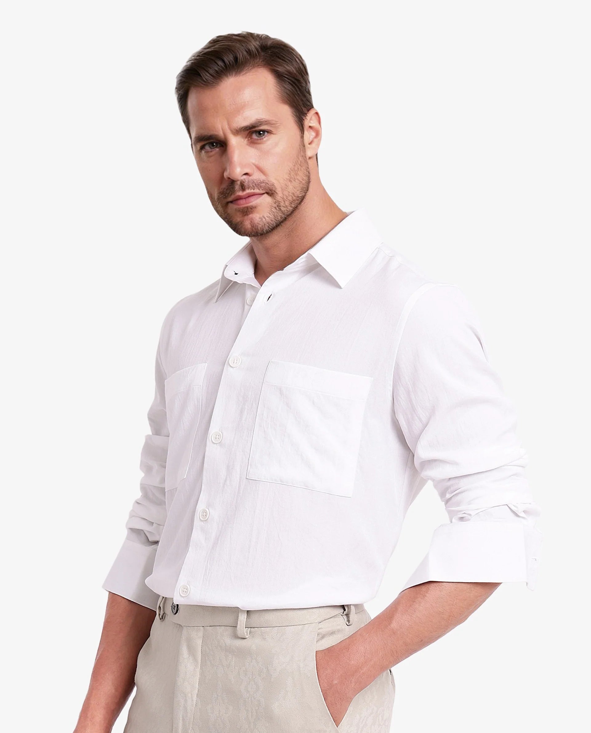 Rare Rabbit Men Esso White Full Sleeve Button Closure Boxy Fit Plain Twill Shirt