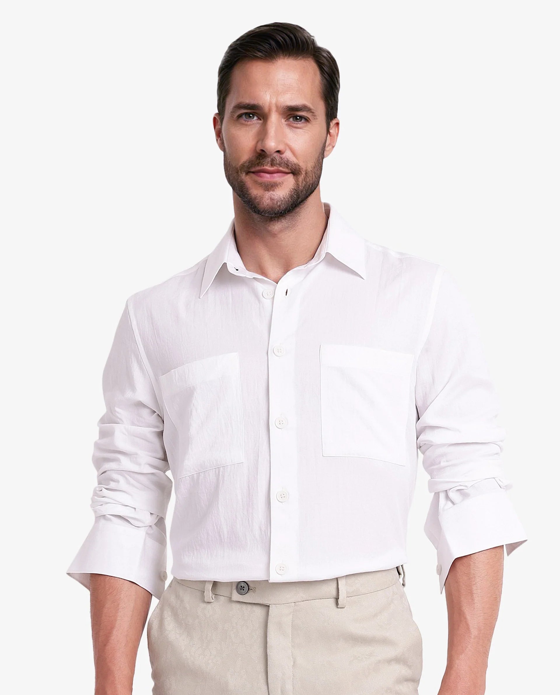 Rare Rabbit Men Esso White Full Sleeve Button Closure Boxy Fit Plain Twill Shirt