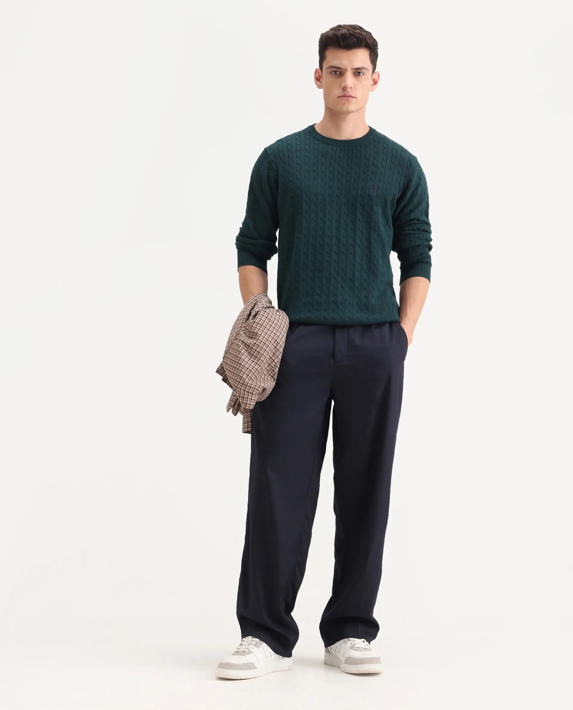 Rare Rabbit Men's Essot Navy Cotton Blend Plain Baggy Fit Trouser