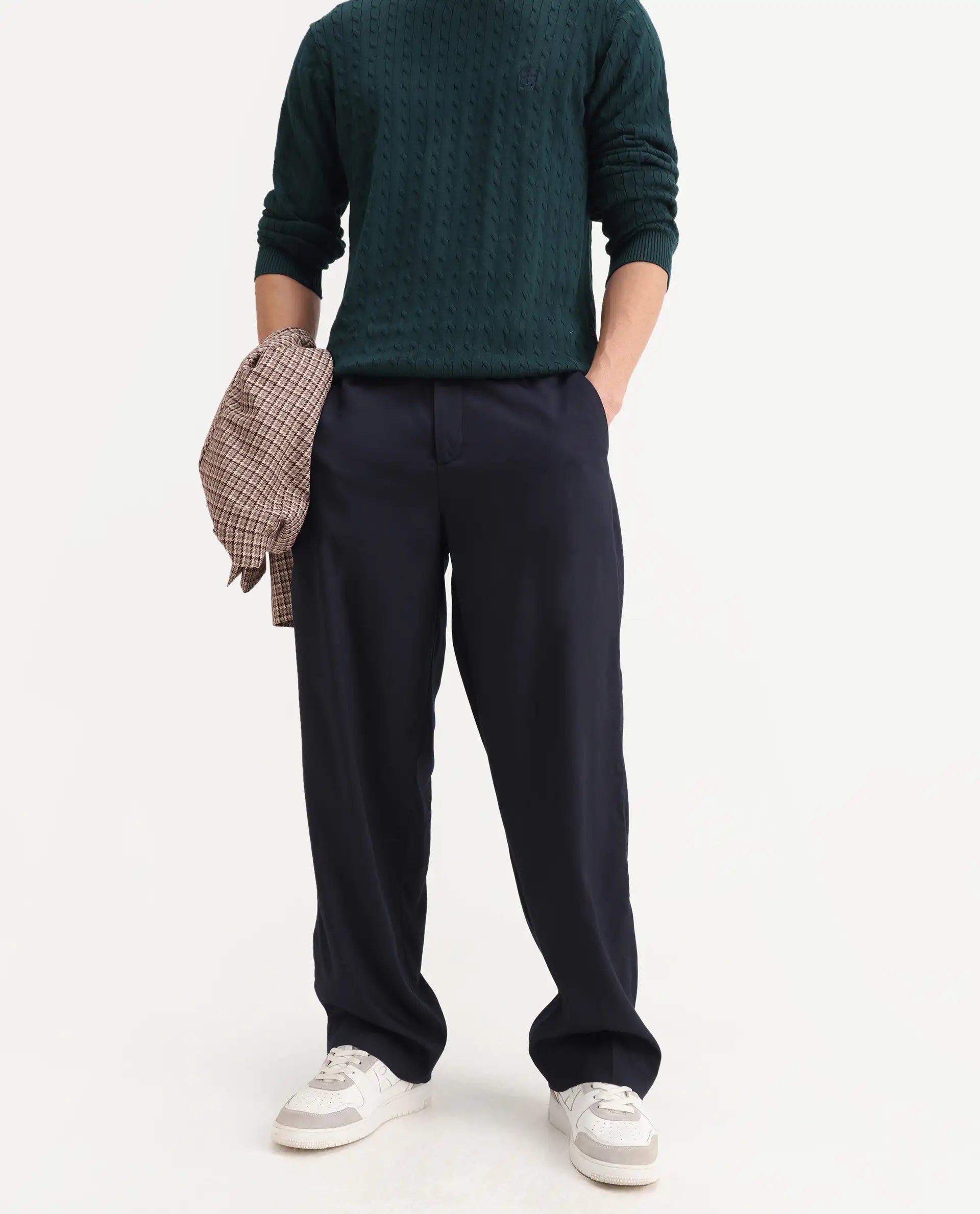 Rare Rabbit Men's Essot Navy Cotton Blend Plain Baggy Fit Trouser