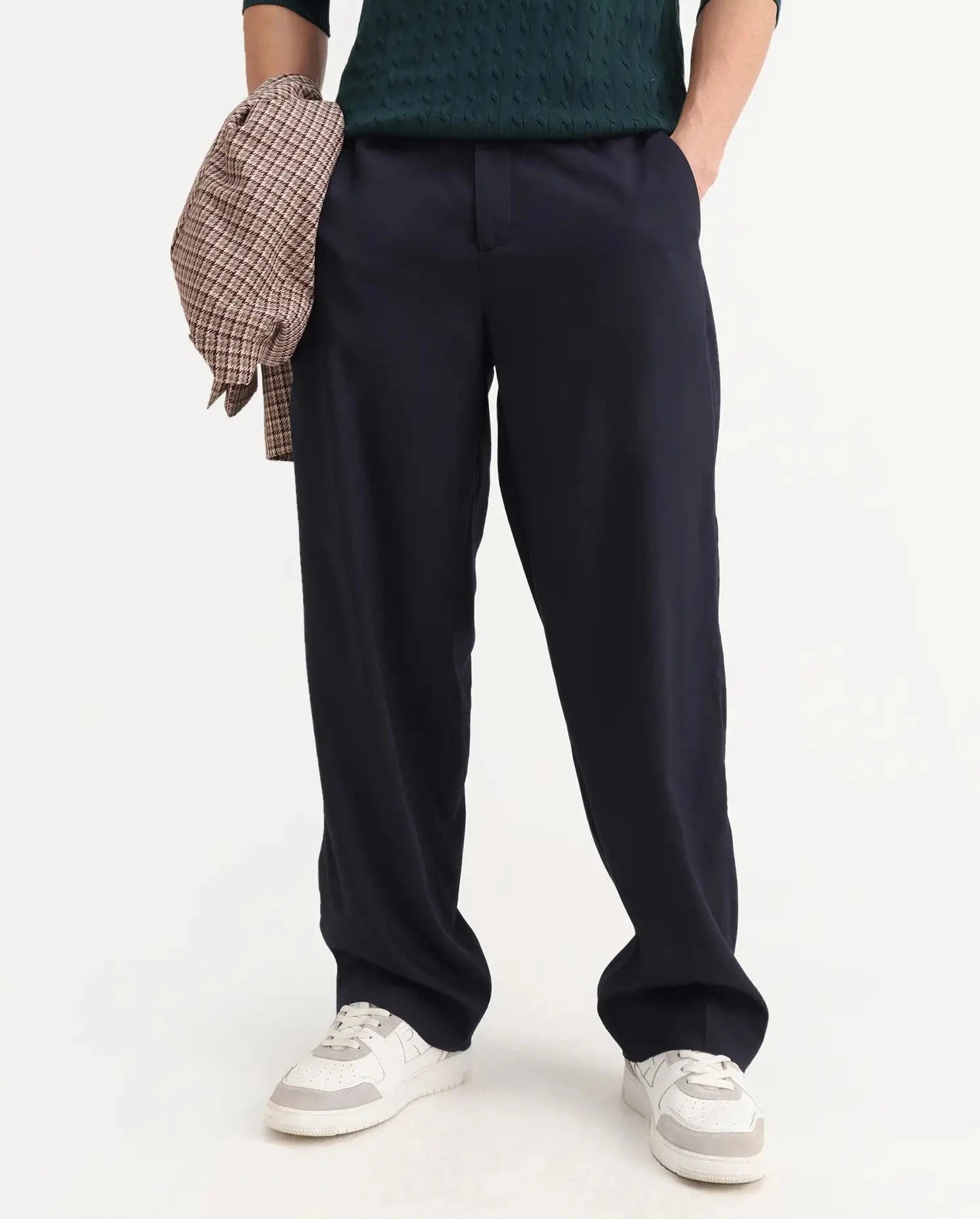 Rare Rabbit Men's Essot Navy Excel Blend Plain Baggy Fit Trouser