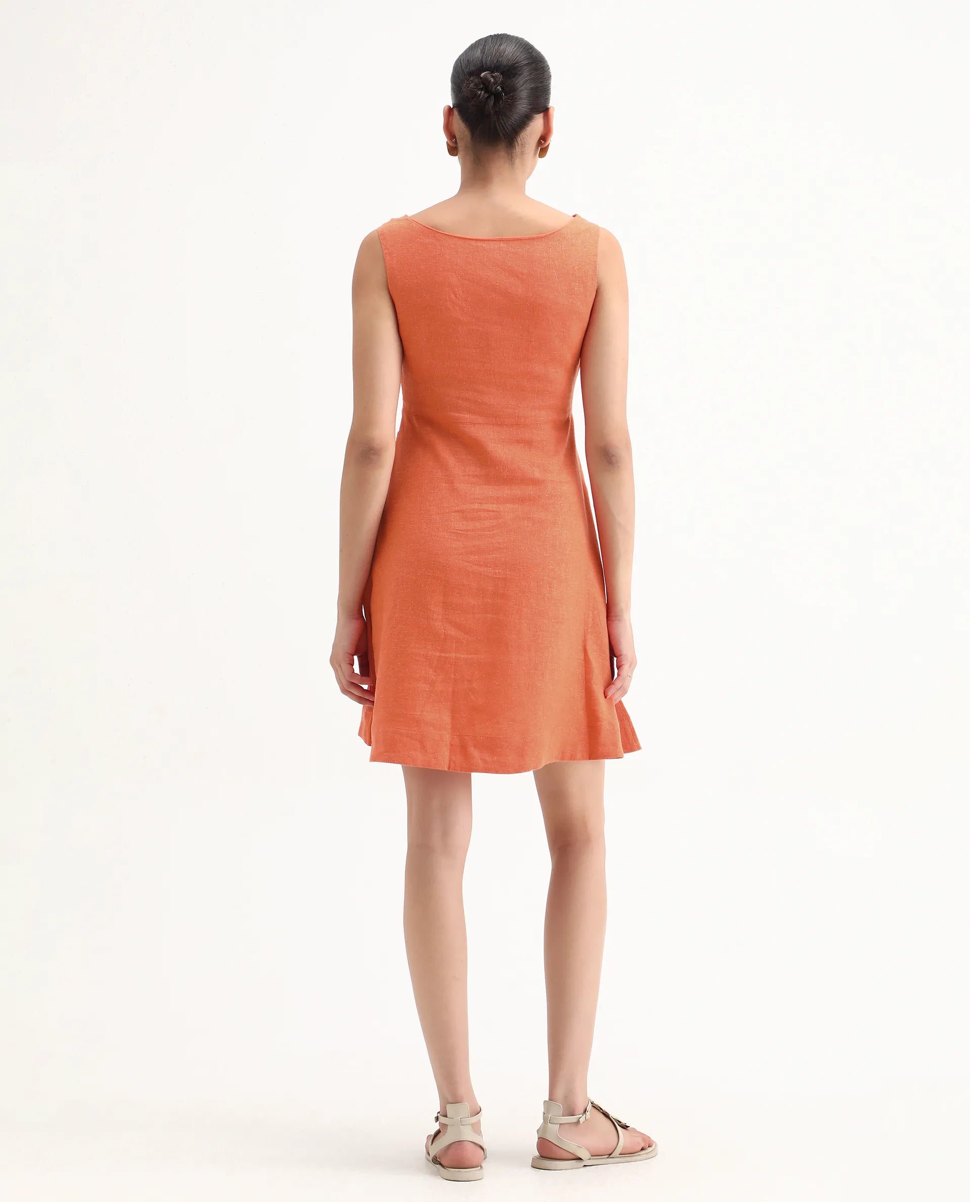 Rareism Women's Eswati Orange Linen Cowl Neck Plain Sleeveless Knee Length Flared Dress