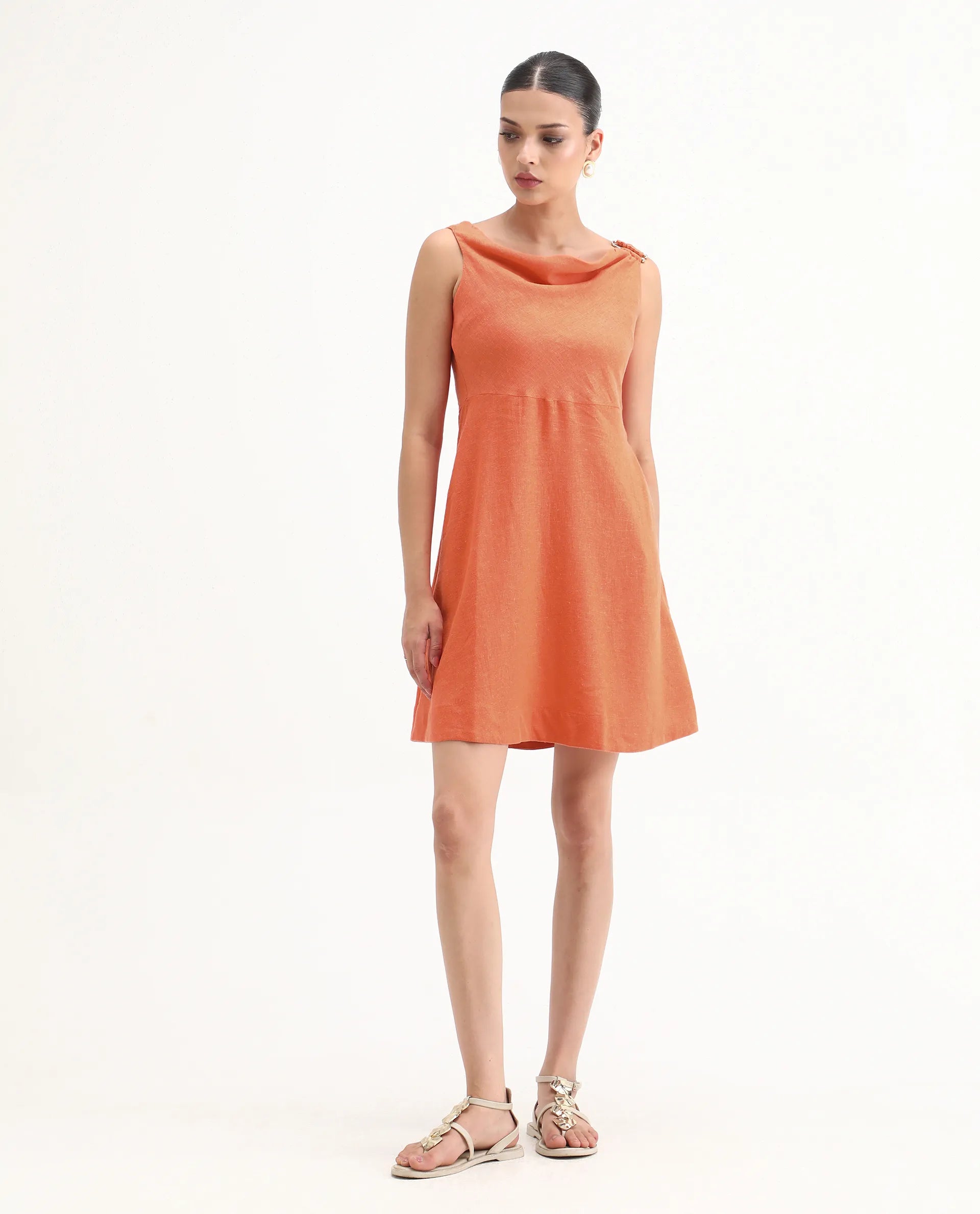 Rareism Women's Eswati Orange Linen Cowl Neck Plain Sleeveless Knee Length Flared Dress