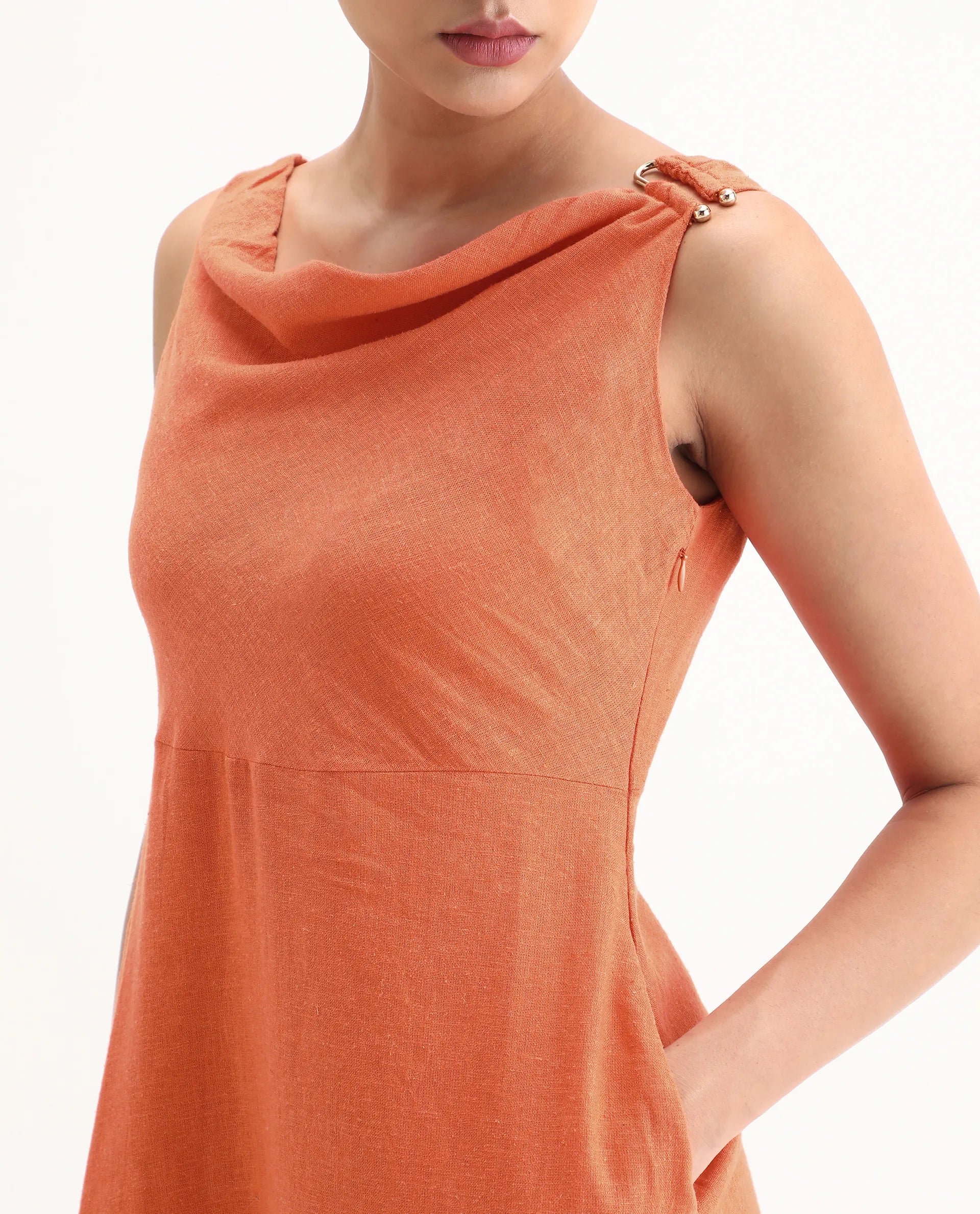 Rareism Women's Eswati Orange Linen Cowl Neck Plain Sleeveless Knee Length Flared Dress