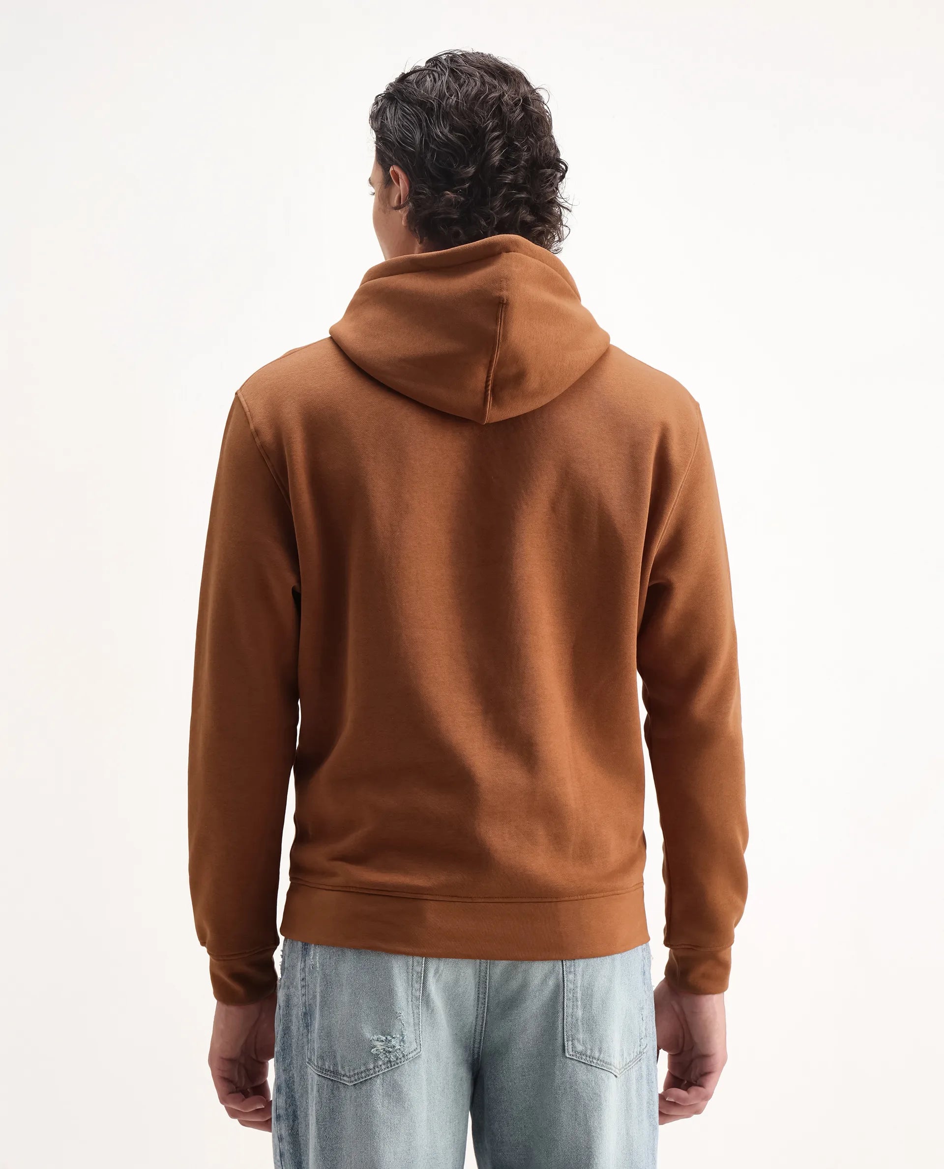 Rare Rabbit Men's Ether Rust Cotton Embroidered Regular Fit Full Sleeve Hooded Sweatshirt