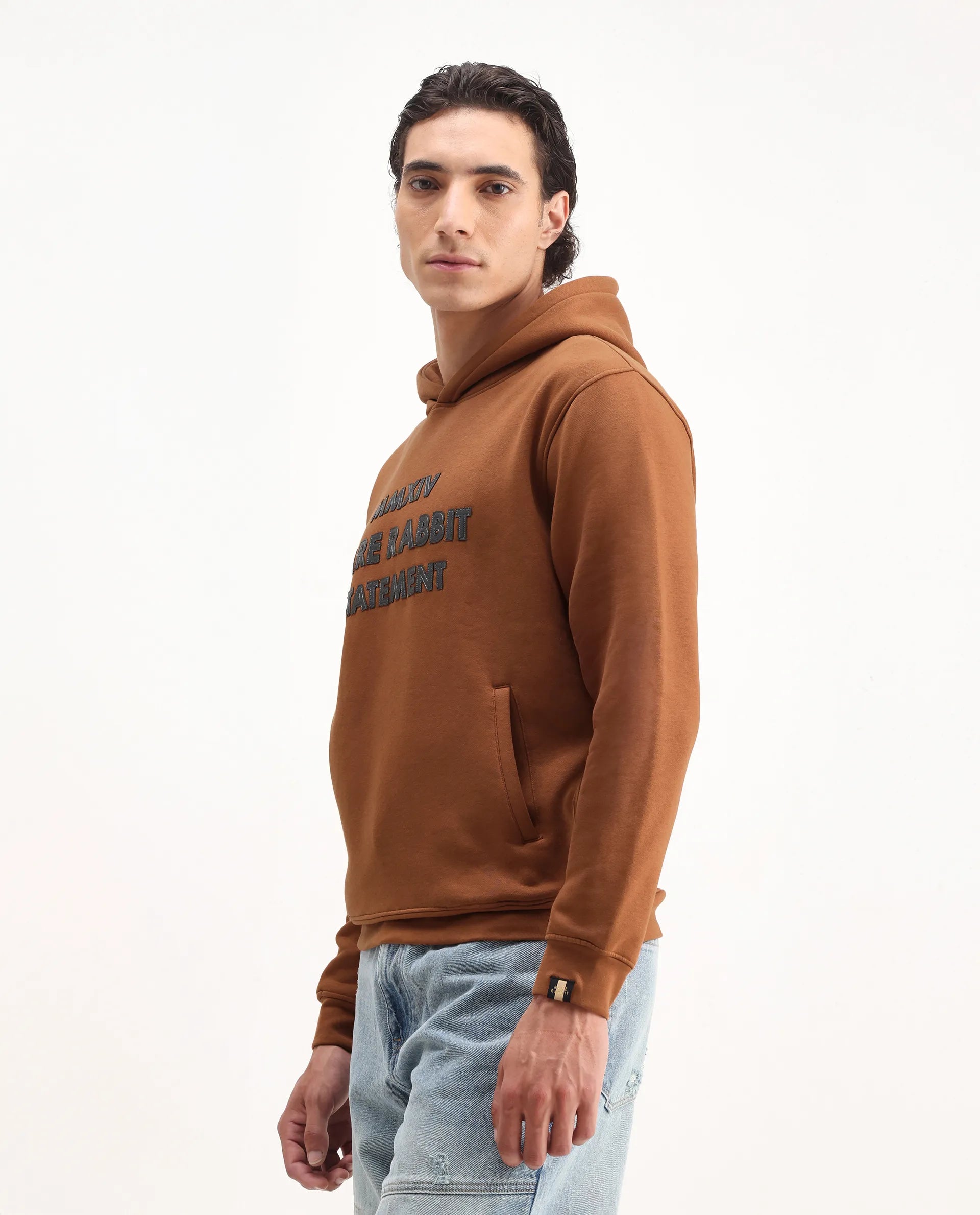 Rare Rabbit Men's Ether Rust Cotton Embroidered Regular Fit Full Sleeve Hooded Sweatshirt