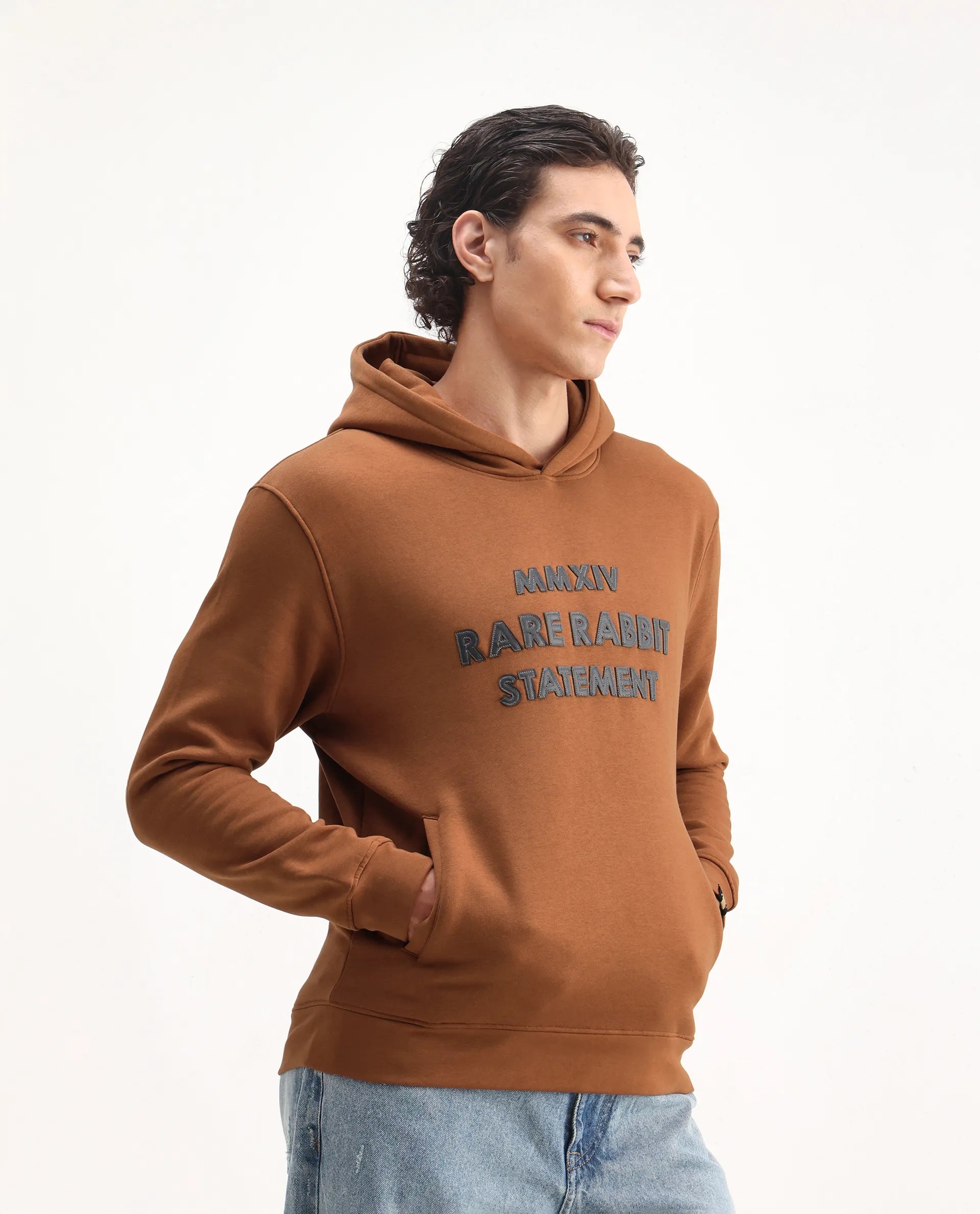 Rare Rabbit Men's Ether Rust Cotton Embroidered Regular Fit Full Sleeve Hooded Sweatshirt
