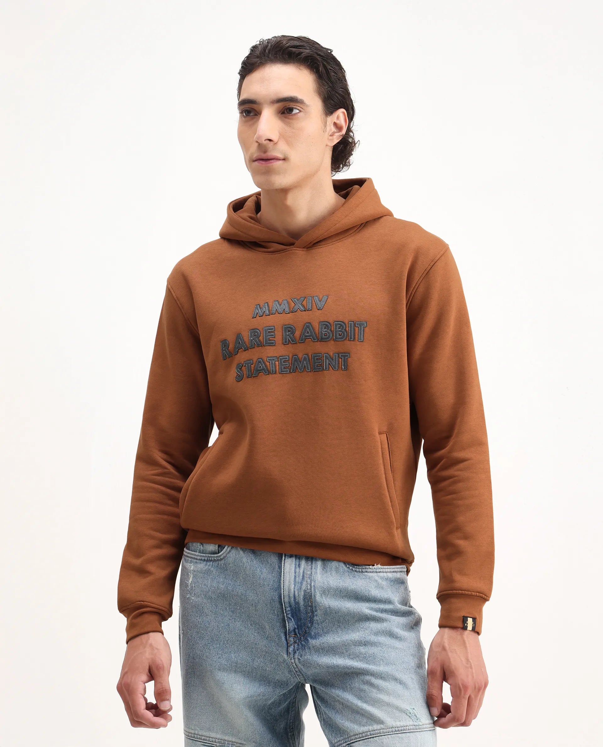 Rare Rabbit Men's Ether Rust Cotton Embroidered Regular Fit Full Sleeve Hooded Sweatshirt