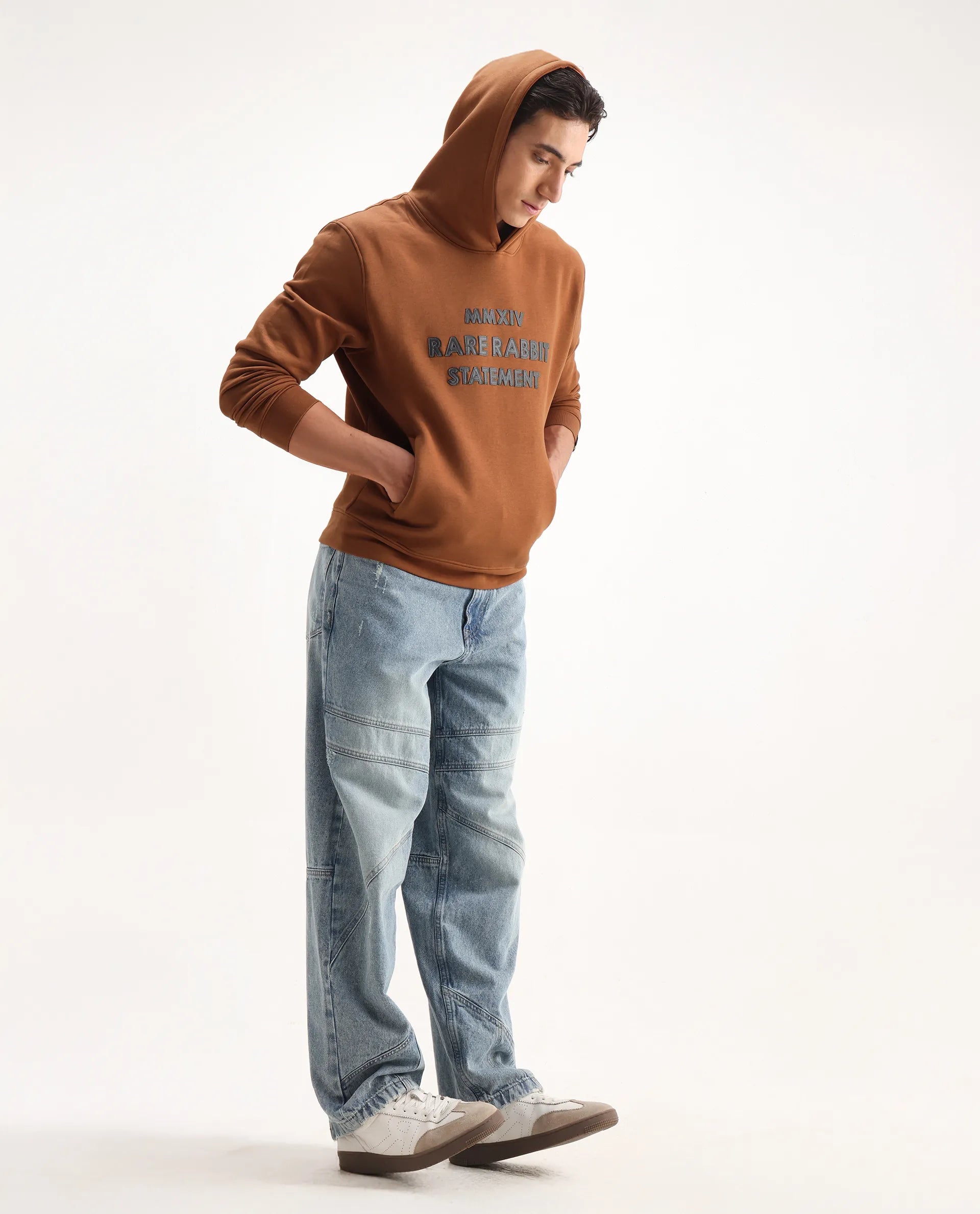 Rare Rabbit Men's Ether Rust Cotton Embroidered Regular Fit Full Sleeve Hooded Sweatshirt