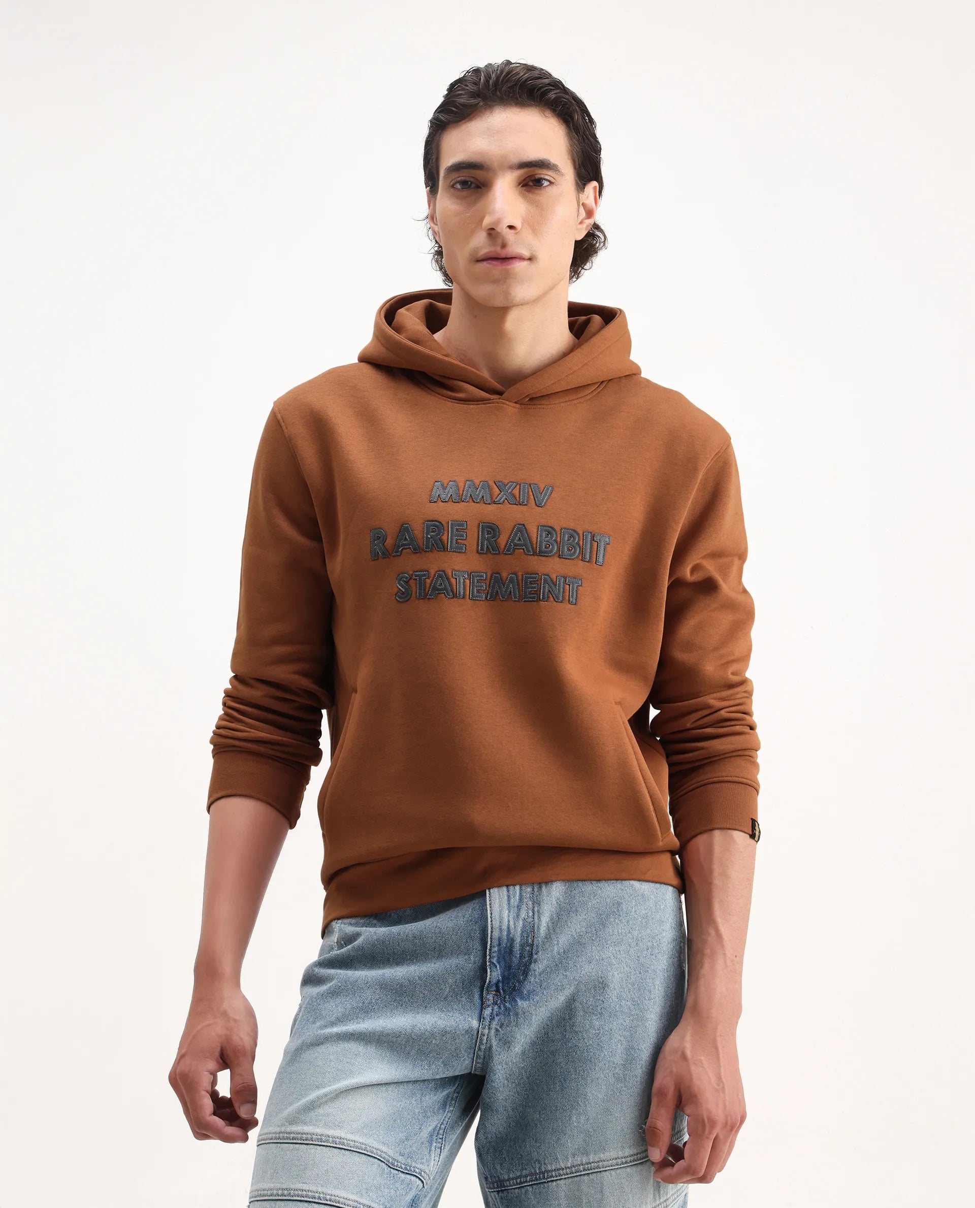 Rare Rabbit Men's Ether Rust Cotton Embroidered Regular Fit Full Sleeve Hooded Sweatshirt