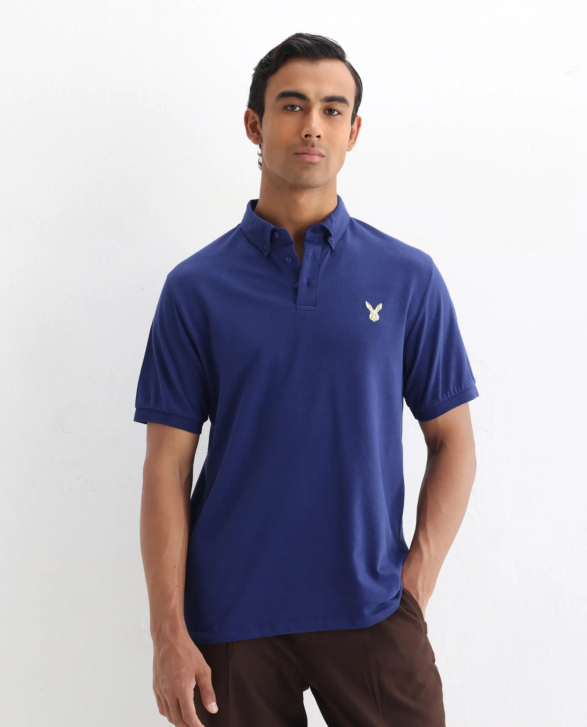 Rare Rabbit Men's Face Blue Cotton Embroidered Regular Fit Half Sleeve Polo