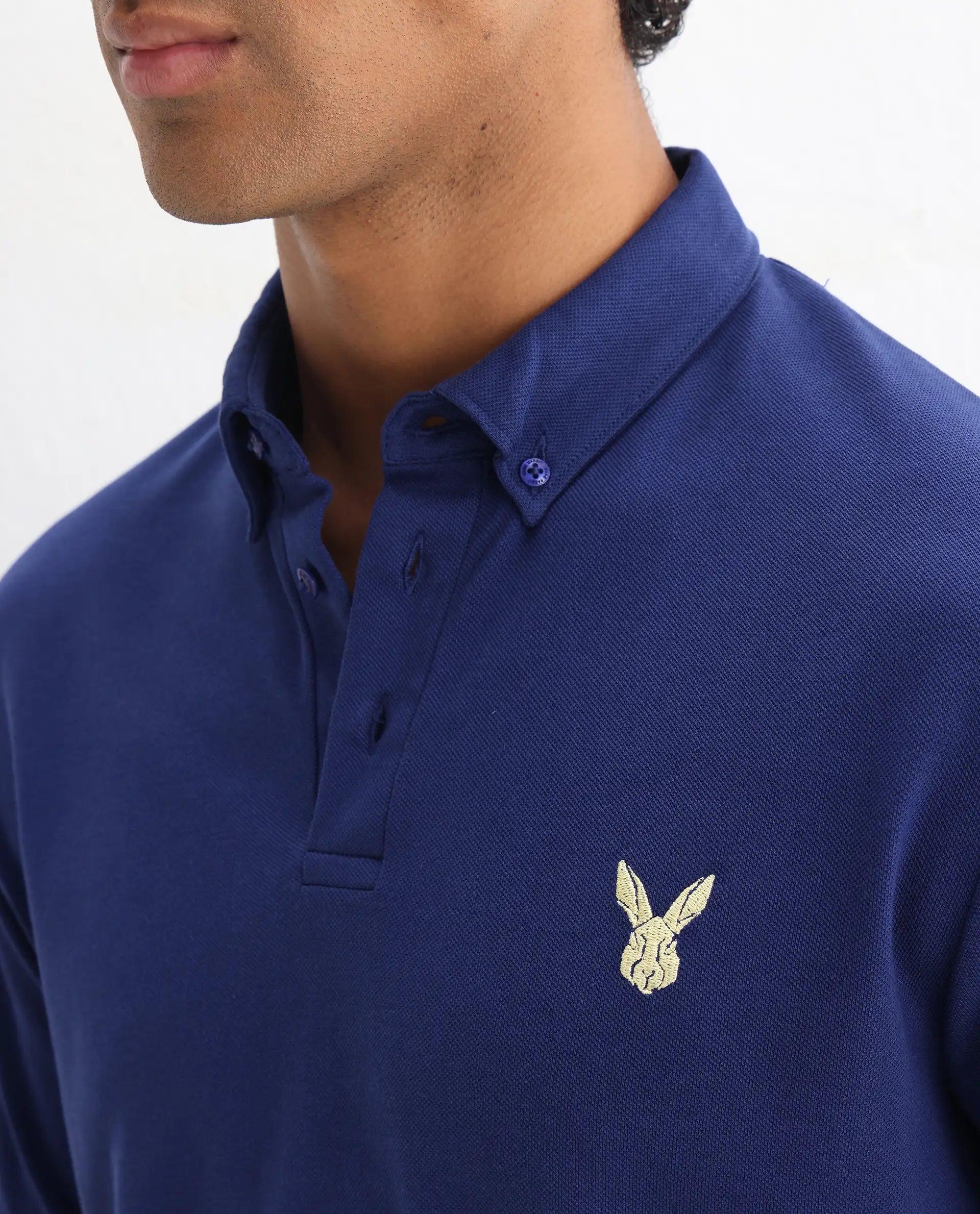 Rare Rabbit Men's Face Blue Cotton Embroidered Regular Fit Half Sleeve Polo