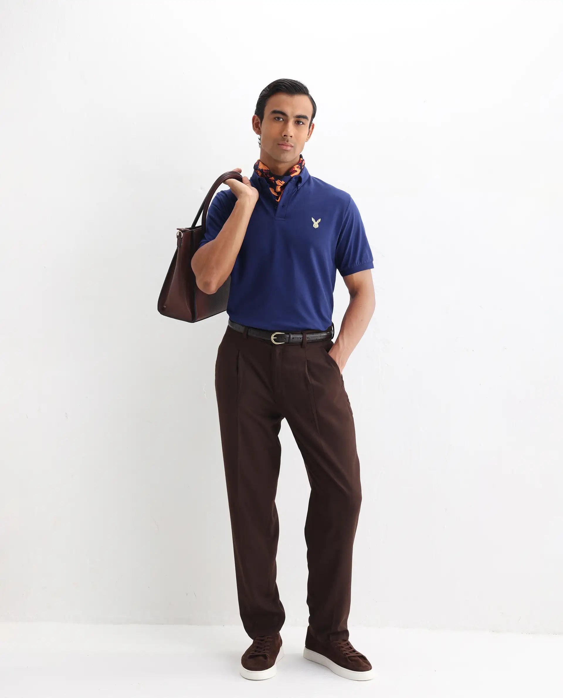 Rare Rabbit Men's Face Blue Cotton Embroidered Regular Fit Half Sleeve Polo