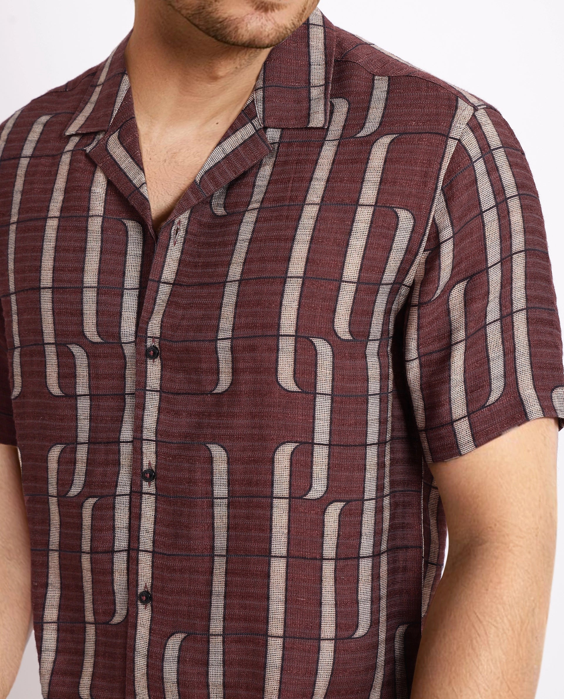 Rare Rabbit Men Fad Brown Short Sleeve Cuban Collar Boxy Fit Abstract Print Shirt