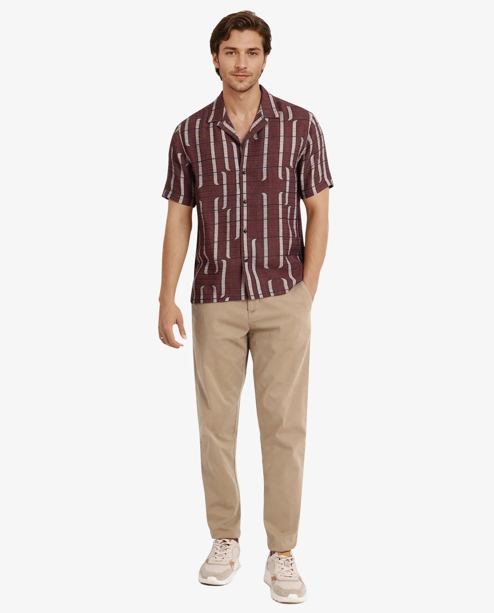 Rare Rabbit Men Fad Brown Short Sleeve Cuban Collar Boxy Fit Abstract Print Shirt