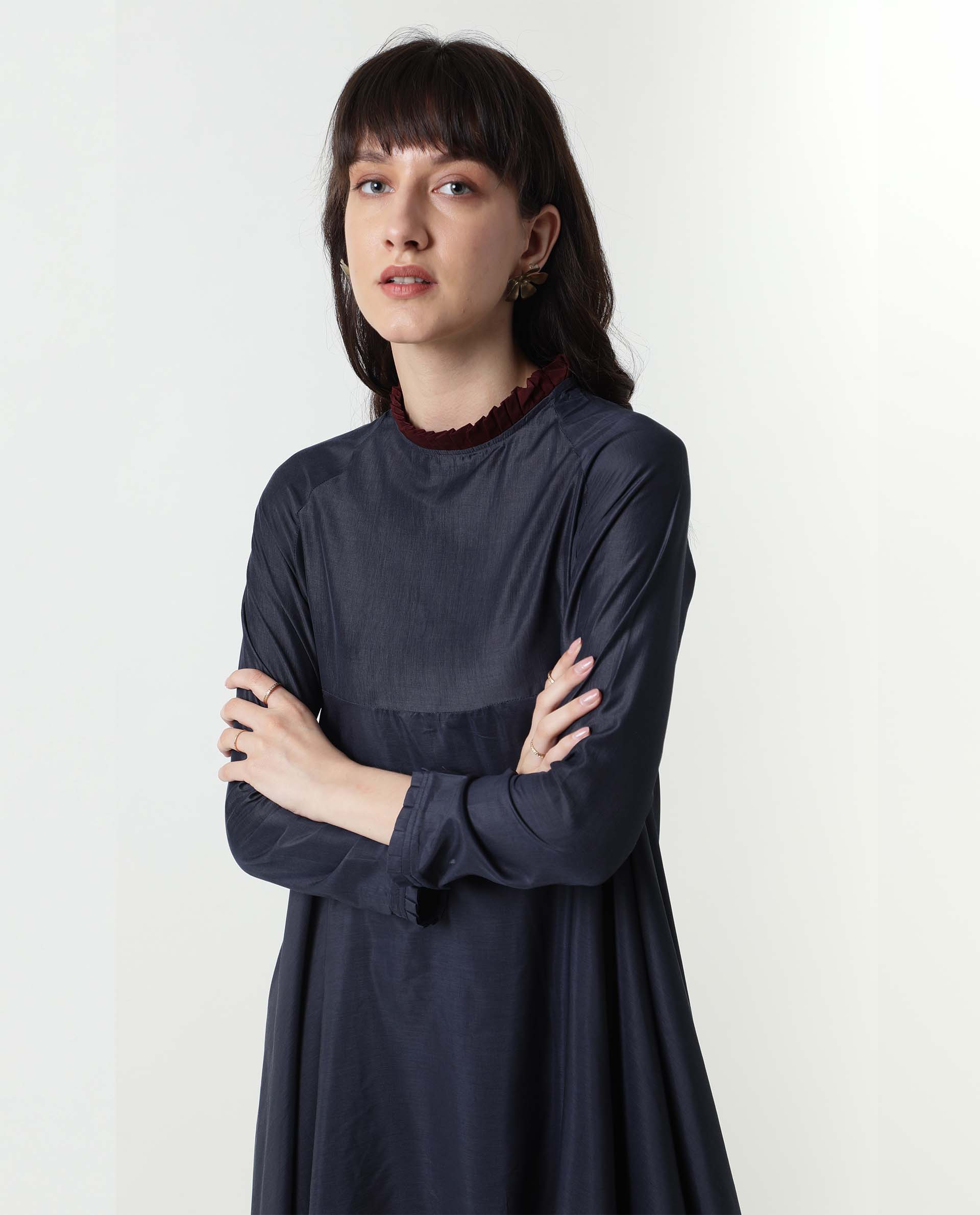 Rareism Womens Falcon Navy Dress Polyester Fabric Relaxed Fit Full Sleeve Round Neck