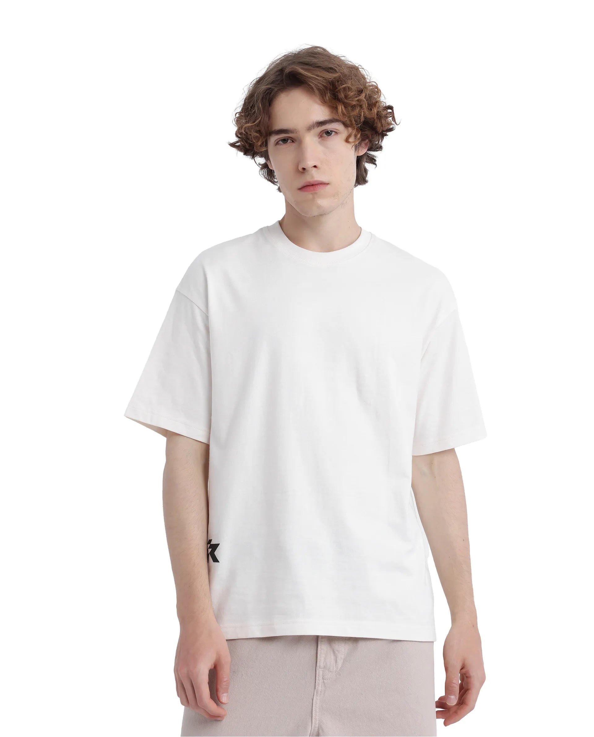 Rare Rabbit Men Fast Off White Cotton Fabric Short Sleeve Crew Neck Oversized Fit Hd Print T-Shirt