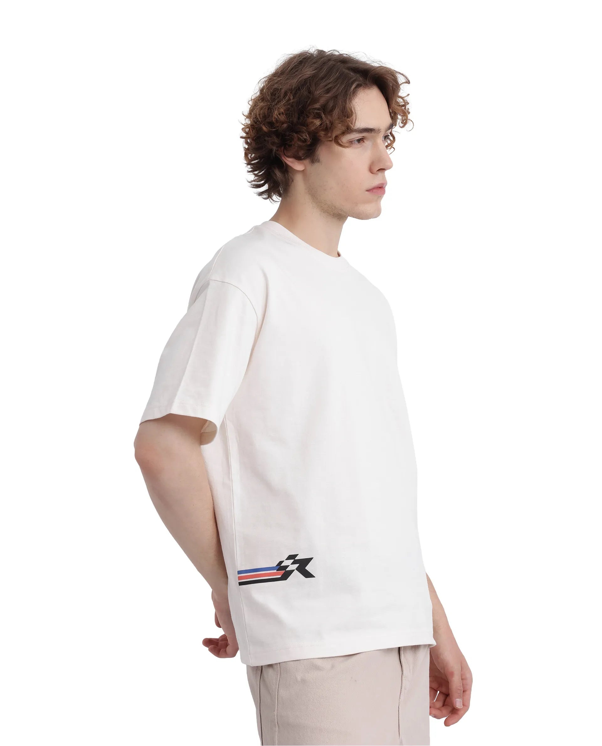 Rare Rabbit Men Fast Off White Cotton Fabric Short Sleeve Crew Neck Oversized Fit Hd Print T-Shirt